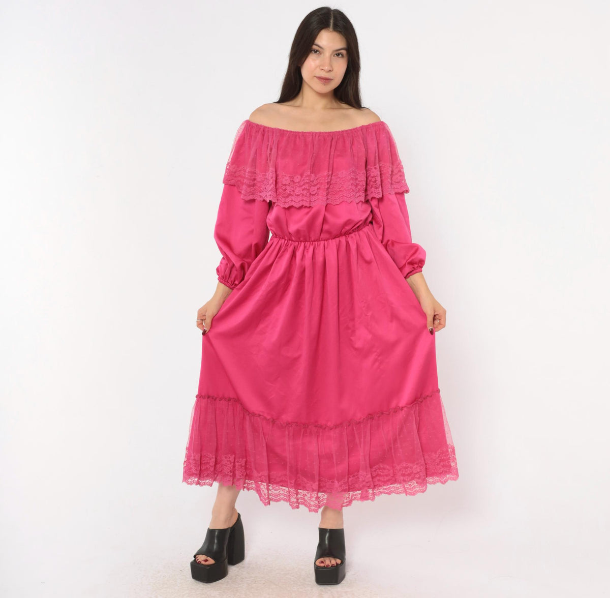 80s Hot Pink Off-Shoulder Midi Dress Lace Ruffle Balloon Sleeve Medium M
