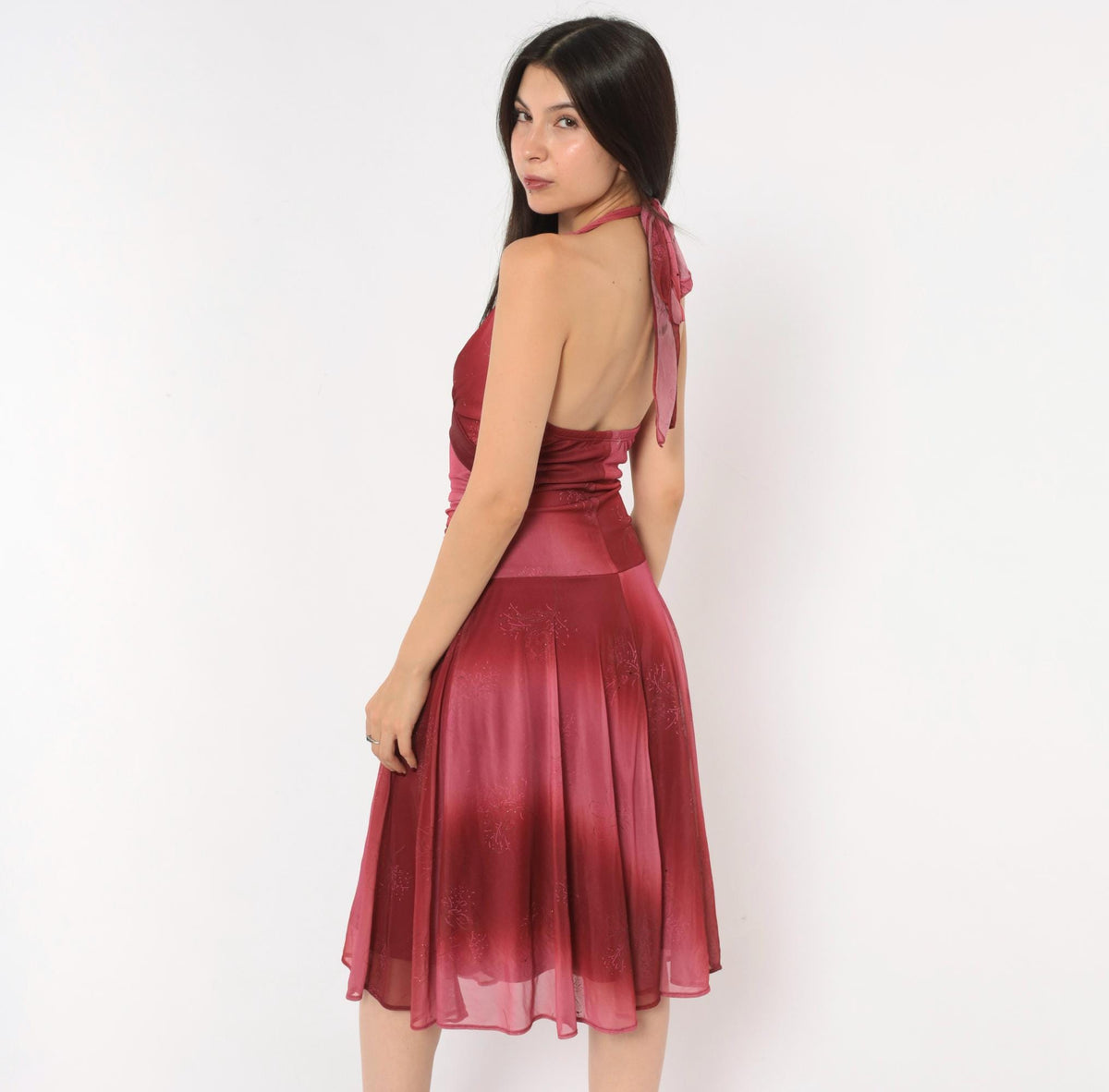 00s Fanny Fashion Burgundy Ombre Halter Dress Deep V Neck Mesh Floral Glitter Small