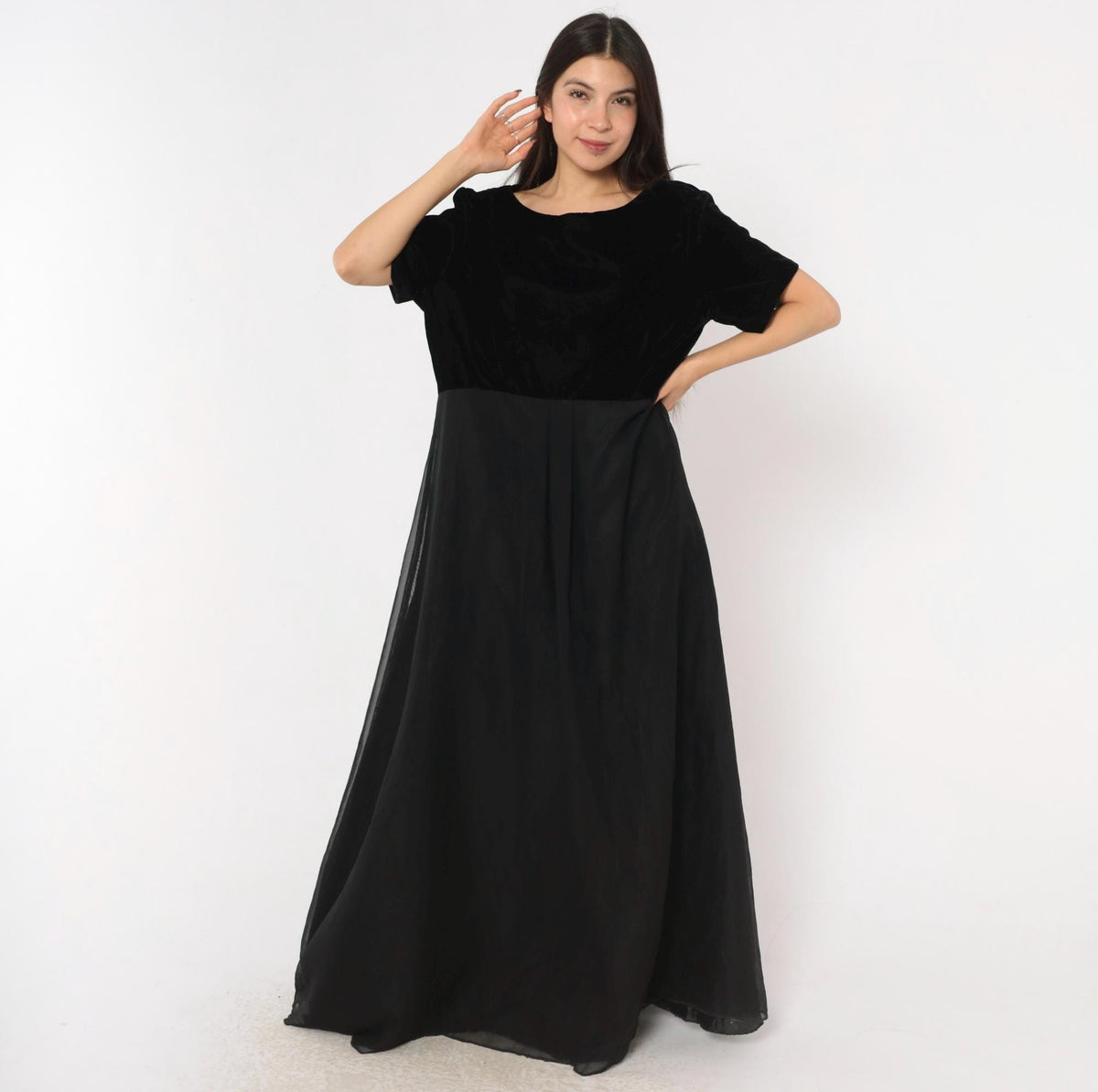 90s Stage Black Velvet Bodice Maxi Gown Chiffon Empire Waist Plus Size XXL