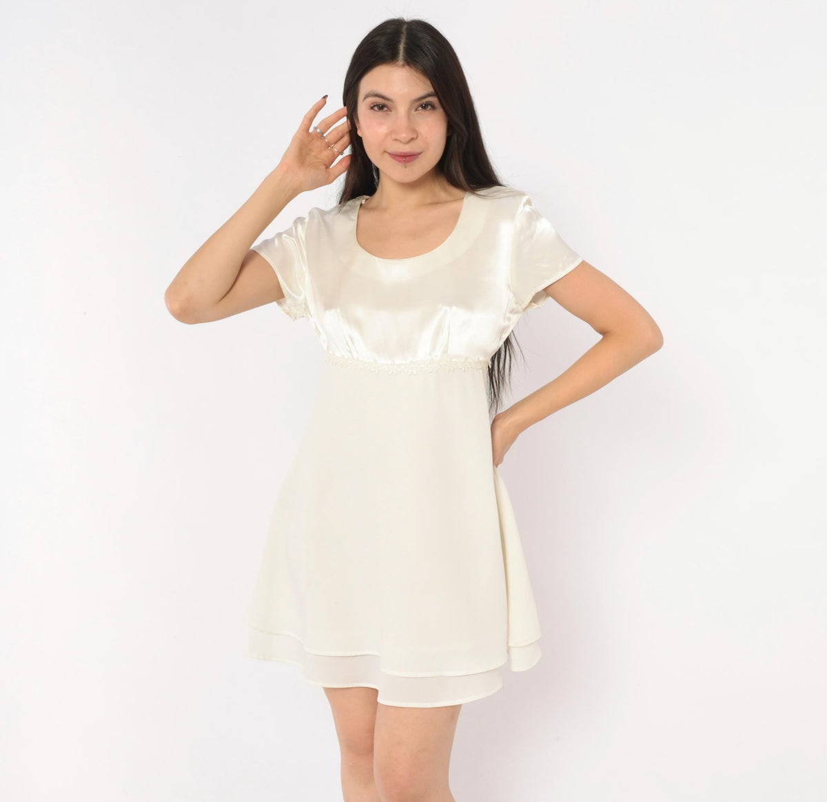 90s Byer Too! Babydoll Dress Cream Satin Empire Waist Chiffon Mini Small S