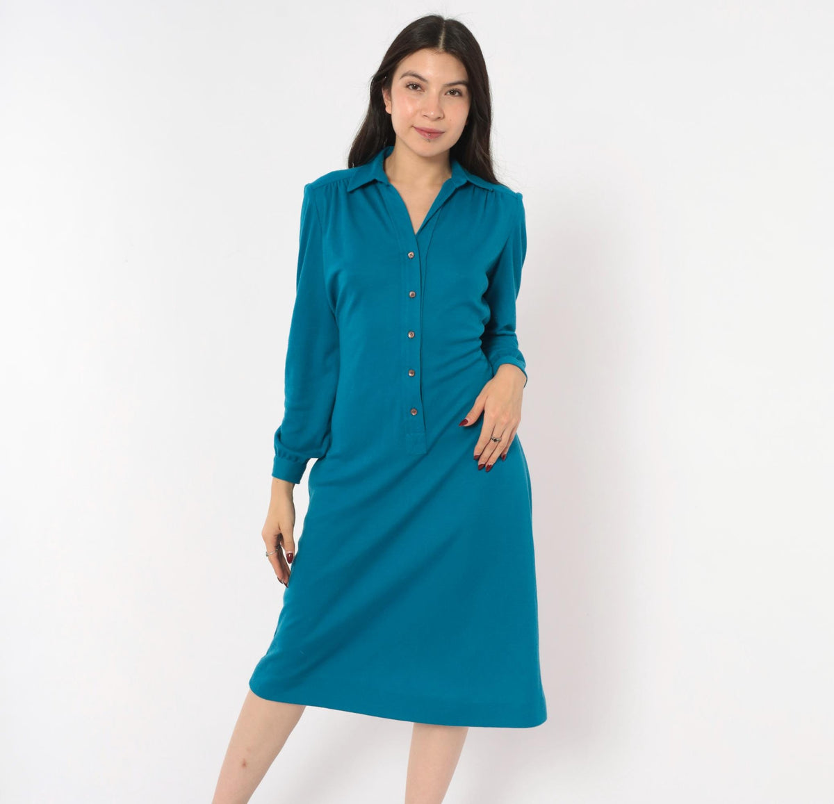 70s Schrader Sport Petites Teal Wool Shirt Dress Tie Waist A-Line Medium M