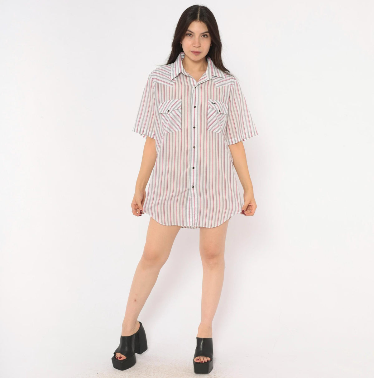 90s Silver Spur Western Snap Shirt Striped Pink Grey White Cotton Medium