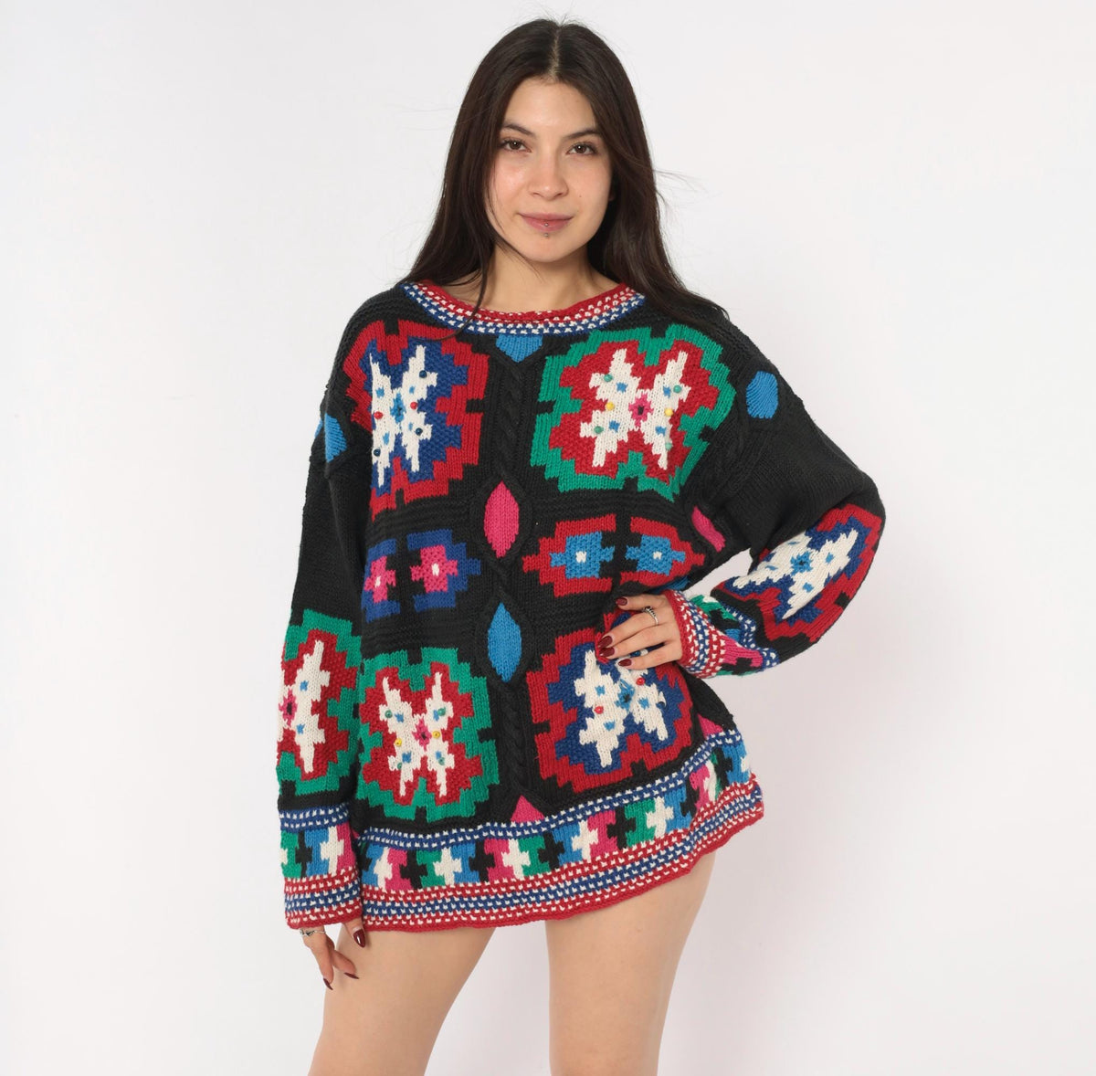 90s Hunter's Run Southwestern Patchwork Beaded Knit Pullover Black Small