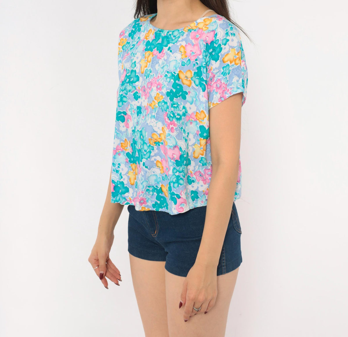 80s Watercolor Floral Crop Top Teal Pink Periwinkle Cap Sleeve Medium