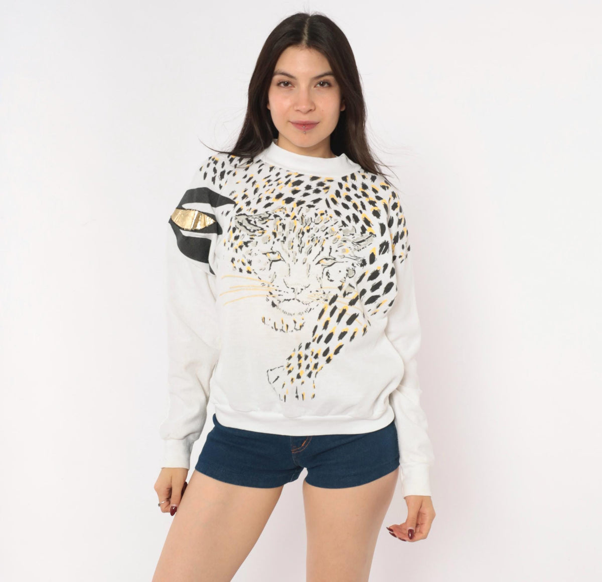 90s Land n Sea Leopard Face Sweatshirt White Gold Metallic Graphic Small