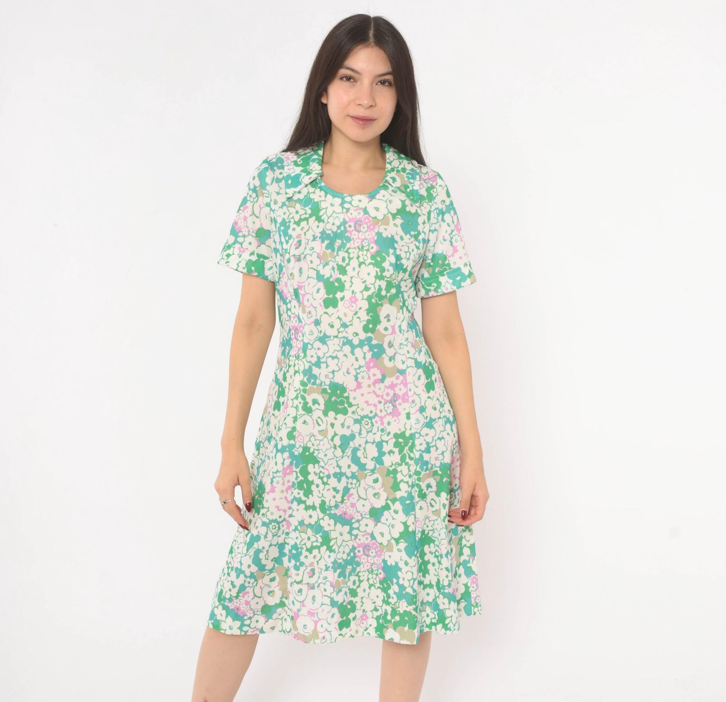 70s Psychedelic Floral A-Line Dress Green Pink White Scoop Collar Knee Medium
