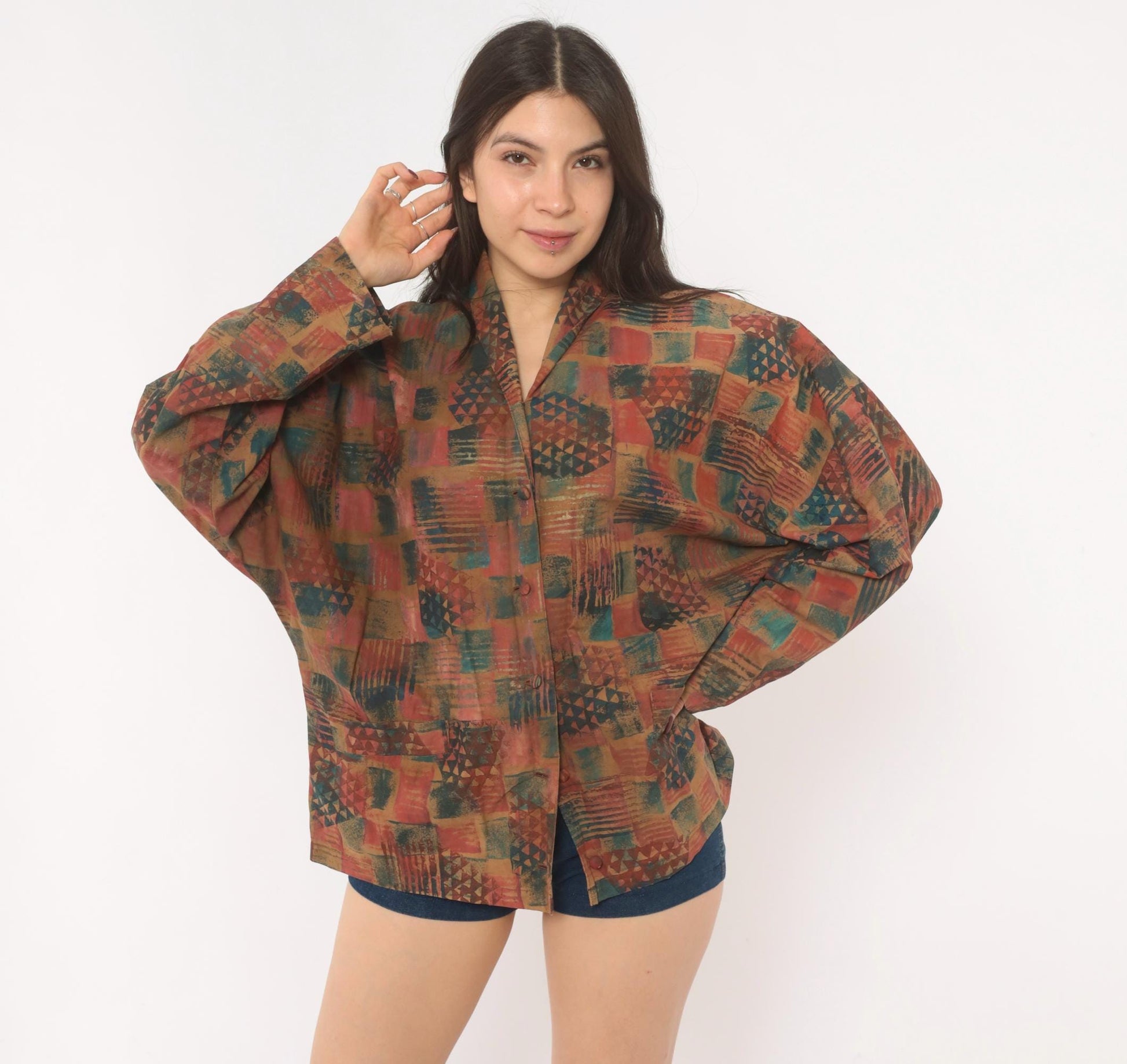 Y2K Abstract Geometric Blazer Shawl Collar Patchwork Rust Teal Medium M