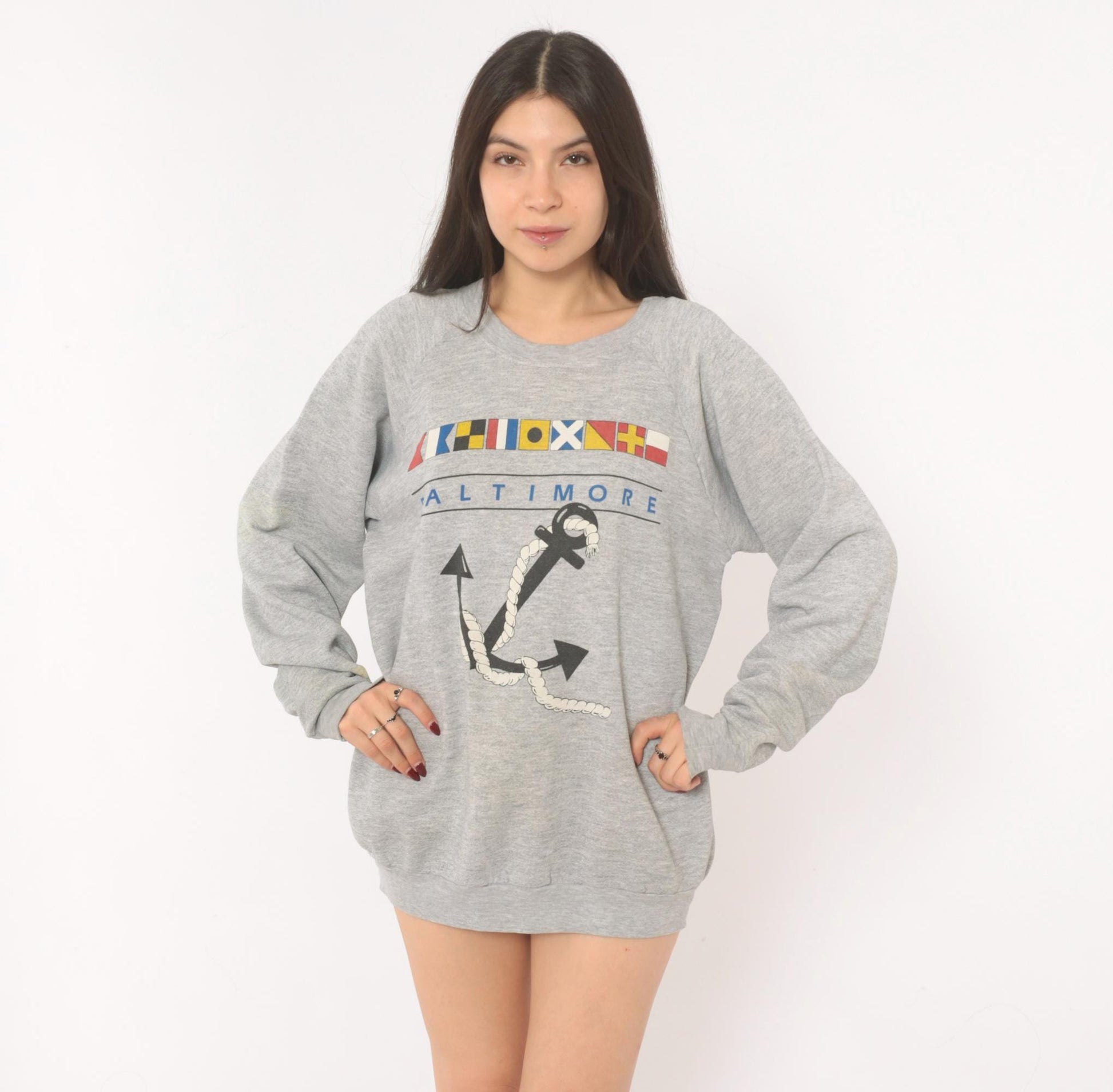 90s Fruit Of The Loom Baltimore Nautical Anchor Sweatshirt Grey Heather Extra Large