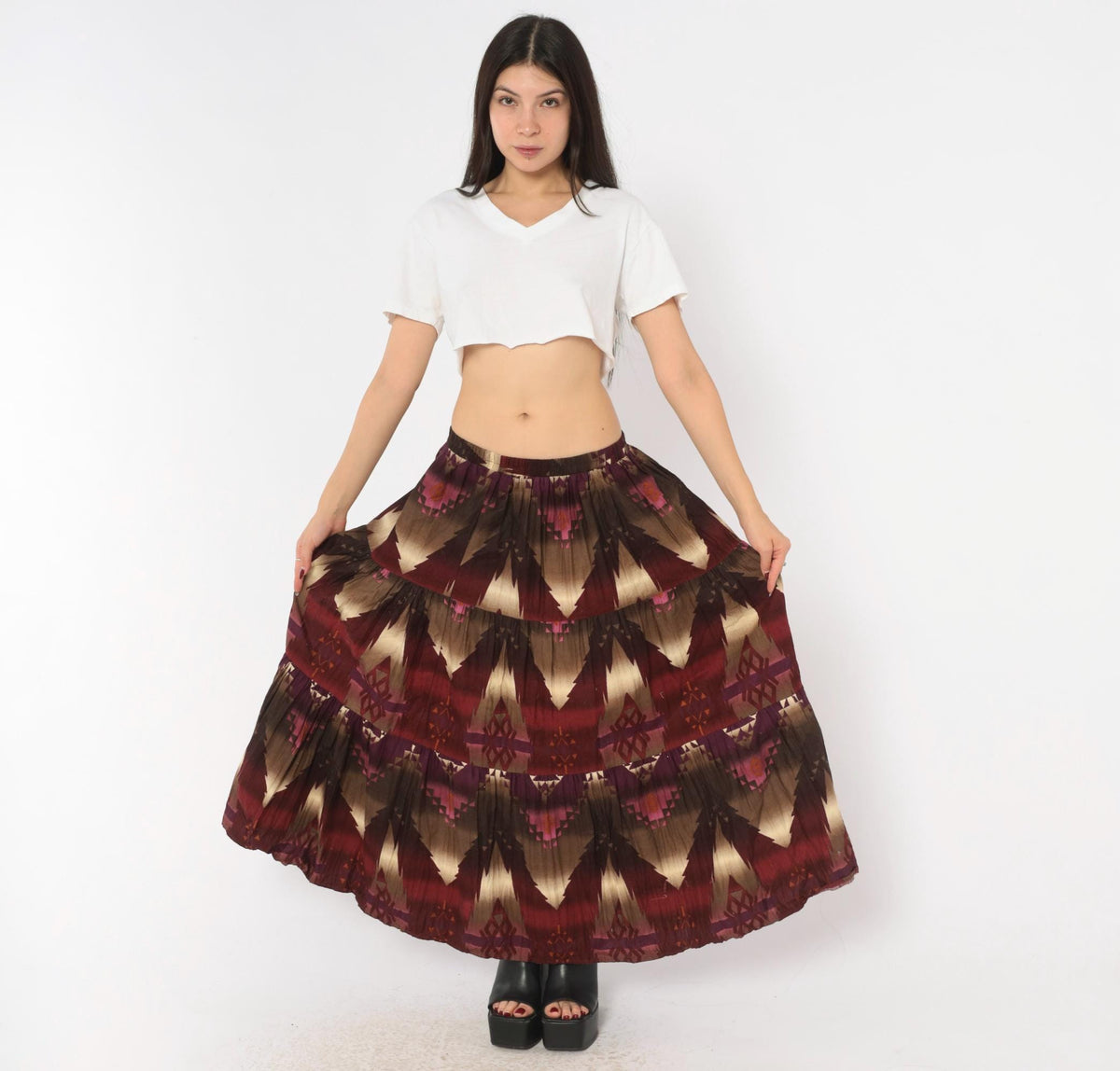 90s Circle T Southwestern Maxi Skirt Geometric Print Burgundy Cotton Medium