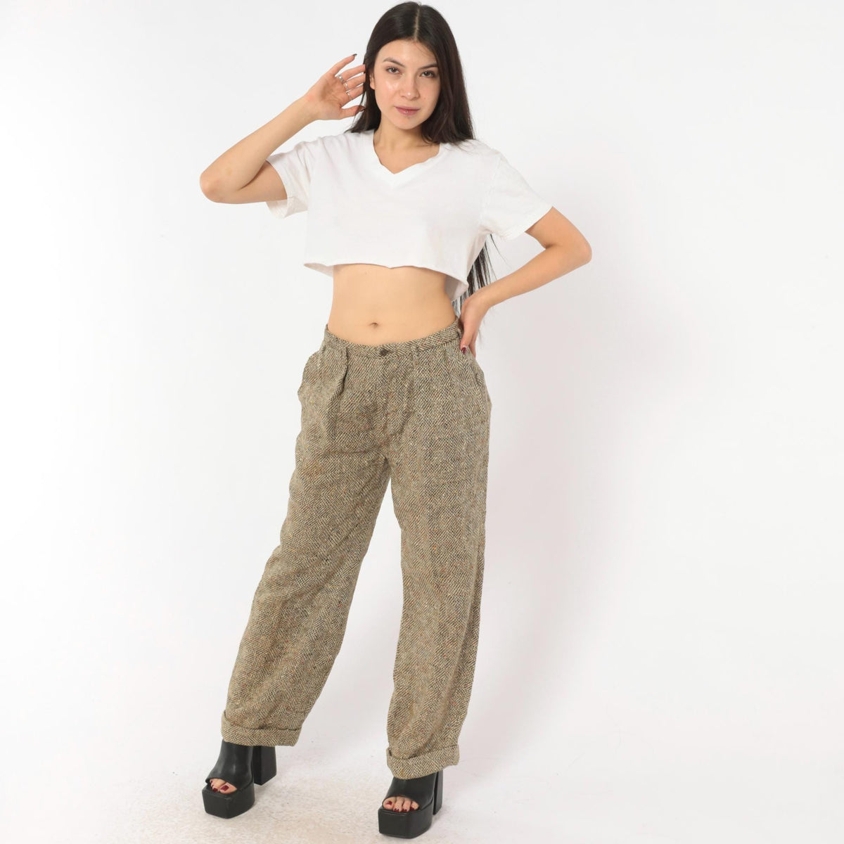 70s Herringbone Tweed Wool Pleated Trousers Tan Cream High Rise Medium