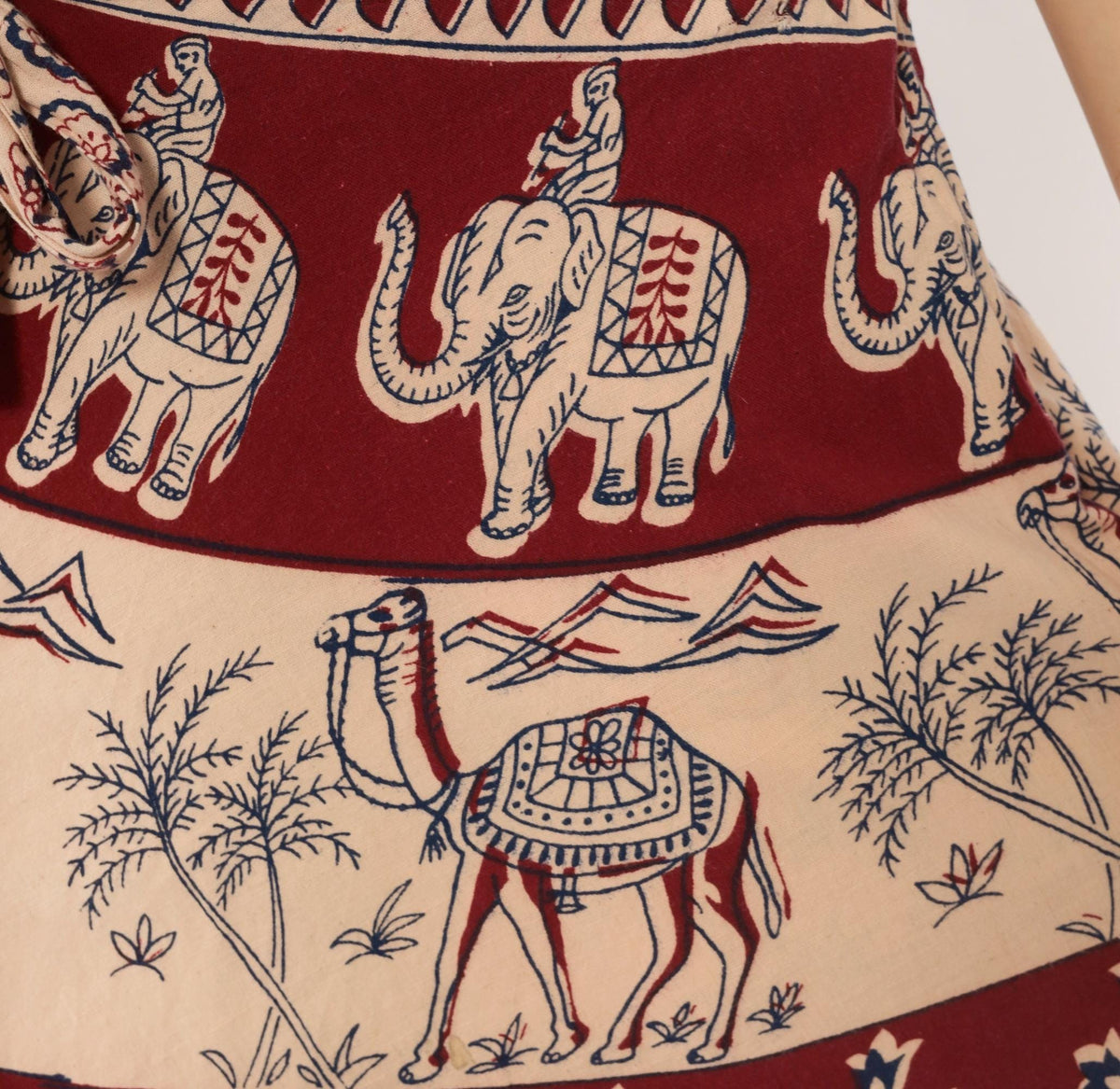 70s Indian Block Print Cotton Wrap Skirt Maxi Burgundy Navy Elephant Peacock Small