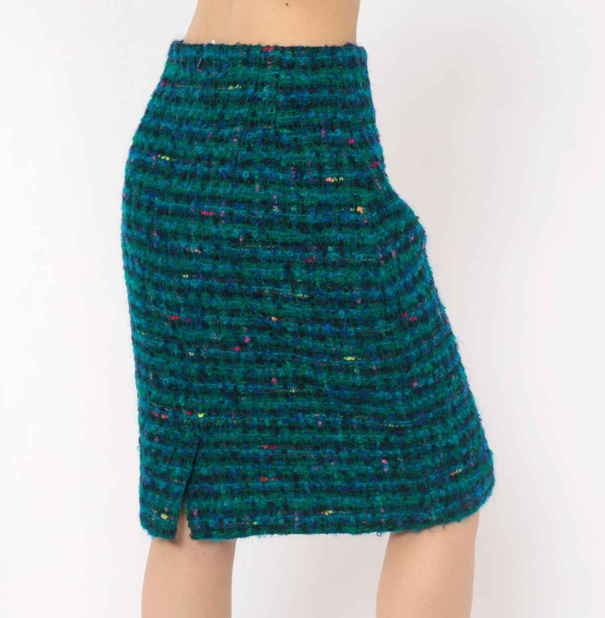 2000s Jones New York Teal Bouclé Pencil Skirt Wool Mohair Knee Length Small