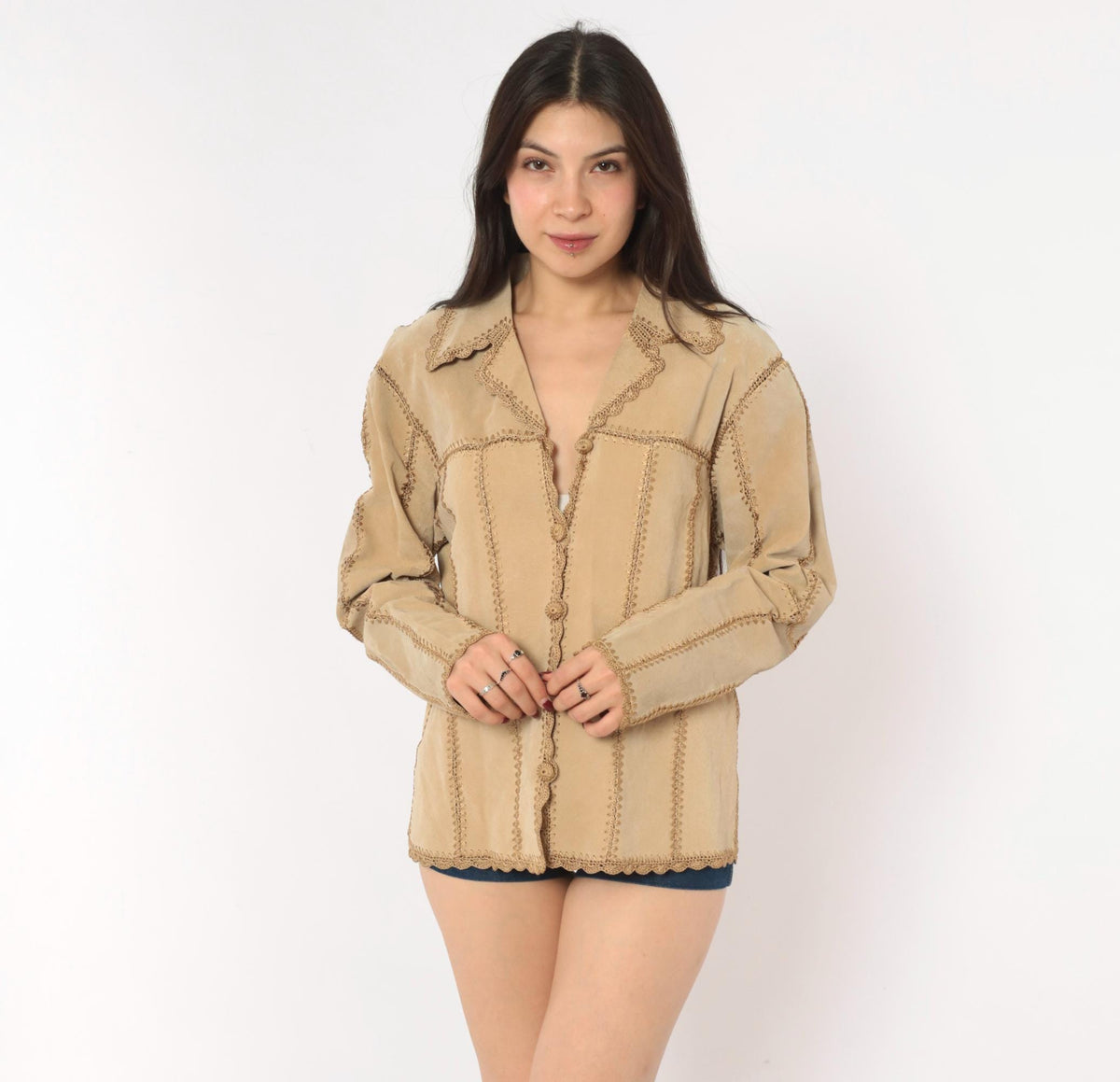 2000s Tan Suede Patchwork Jacket Crochet Trim Button Front Medium