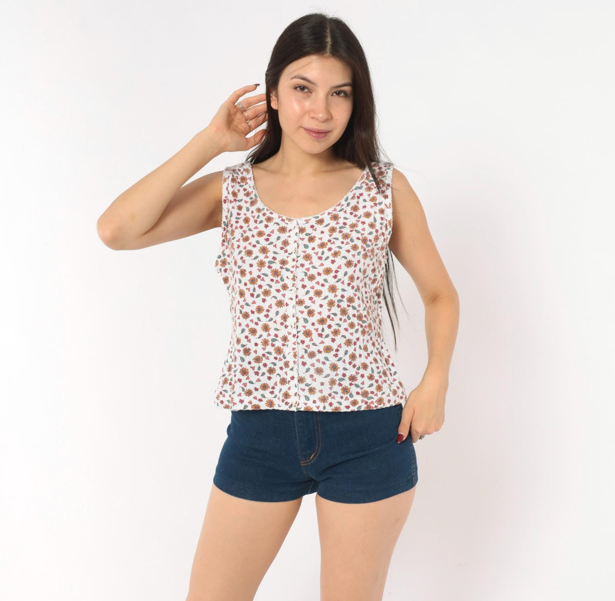 90s Denim Republic Floral Button Tank Sunflower Heart Print White Large L
