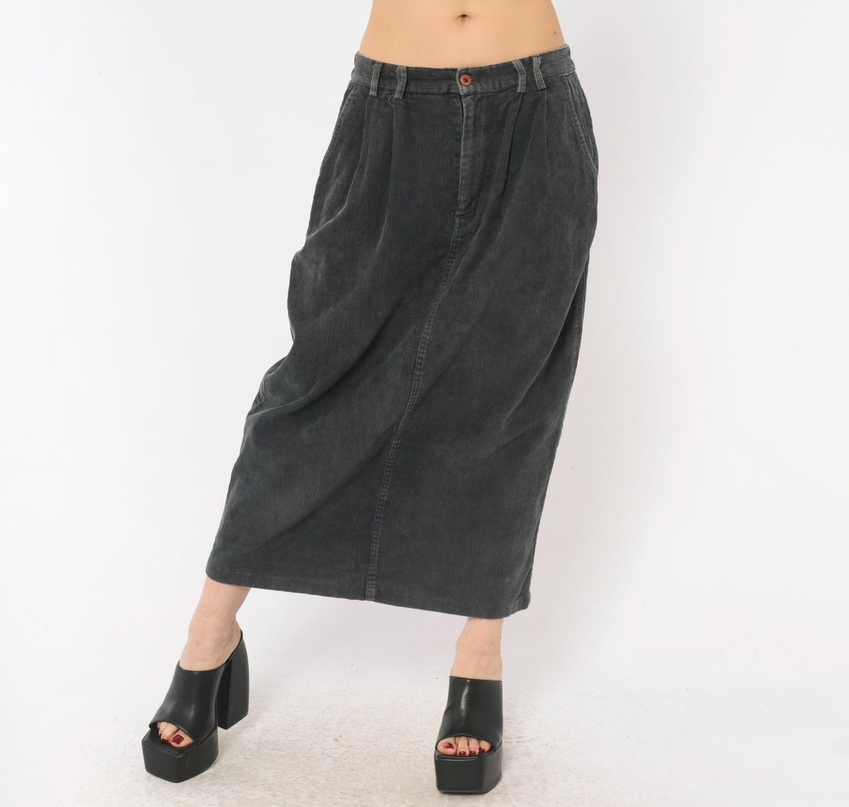80s Gina Peters Charcoal Corduroy Midi Skirt Pleated High Waist Small