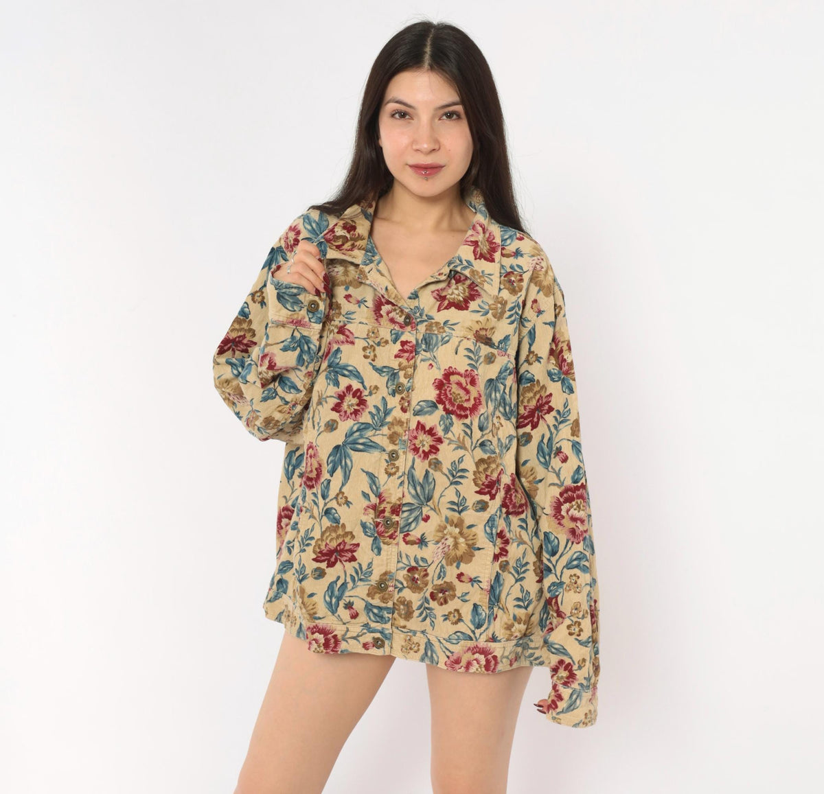 2000s Elisabeth Floral Corduroy Jacket Tan Botanical Button Front Plus Size 3X