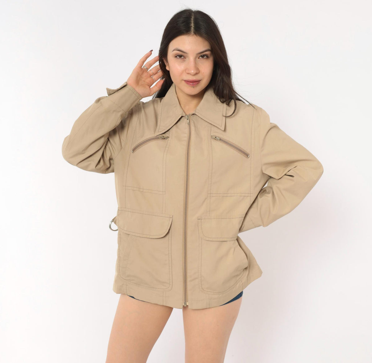 80s London Fog Tan Zip Jacket Utility Coat Multi Pocket Medium