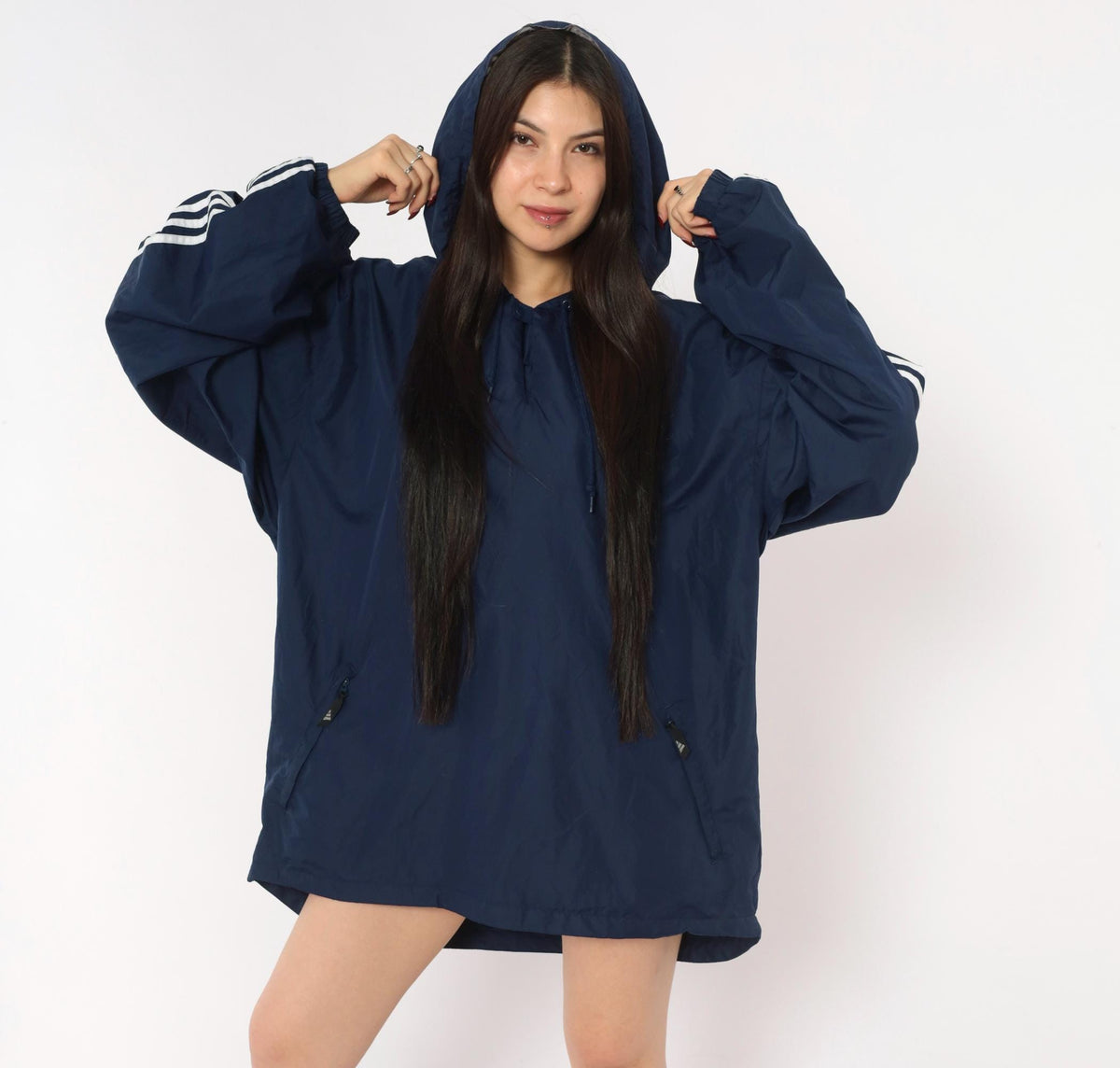 Y2K Adidas Navy Windbreaker Anorak Hooded Pullover White Stripe Extra Large XL