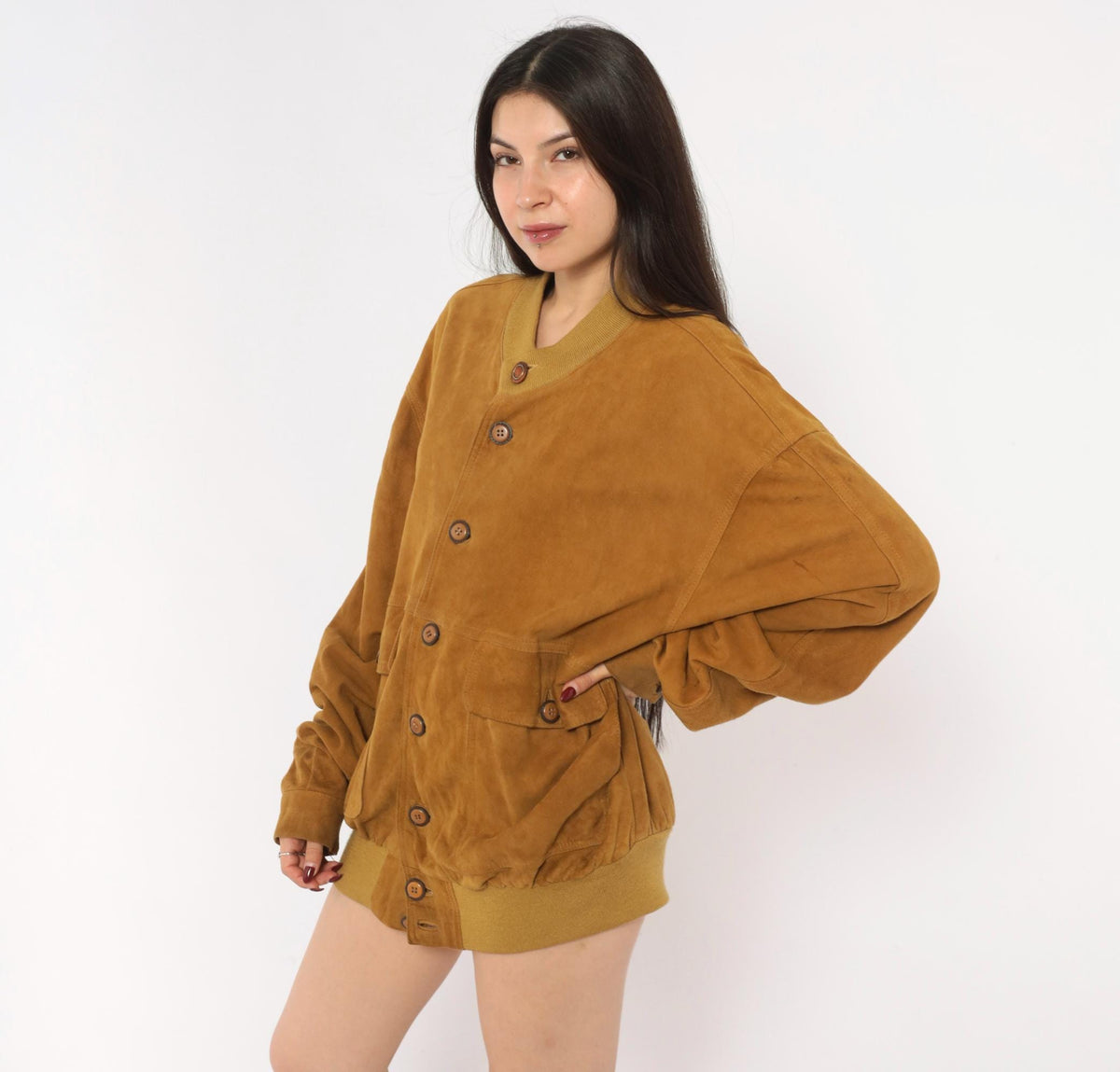 80s Rely Mustard Suede Bomber Jacket Knit Collar Button Front Medium
