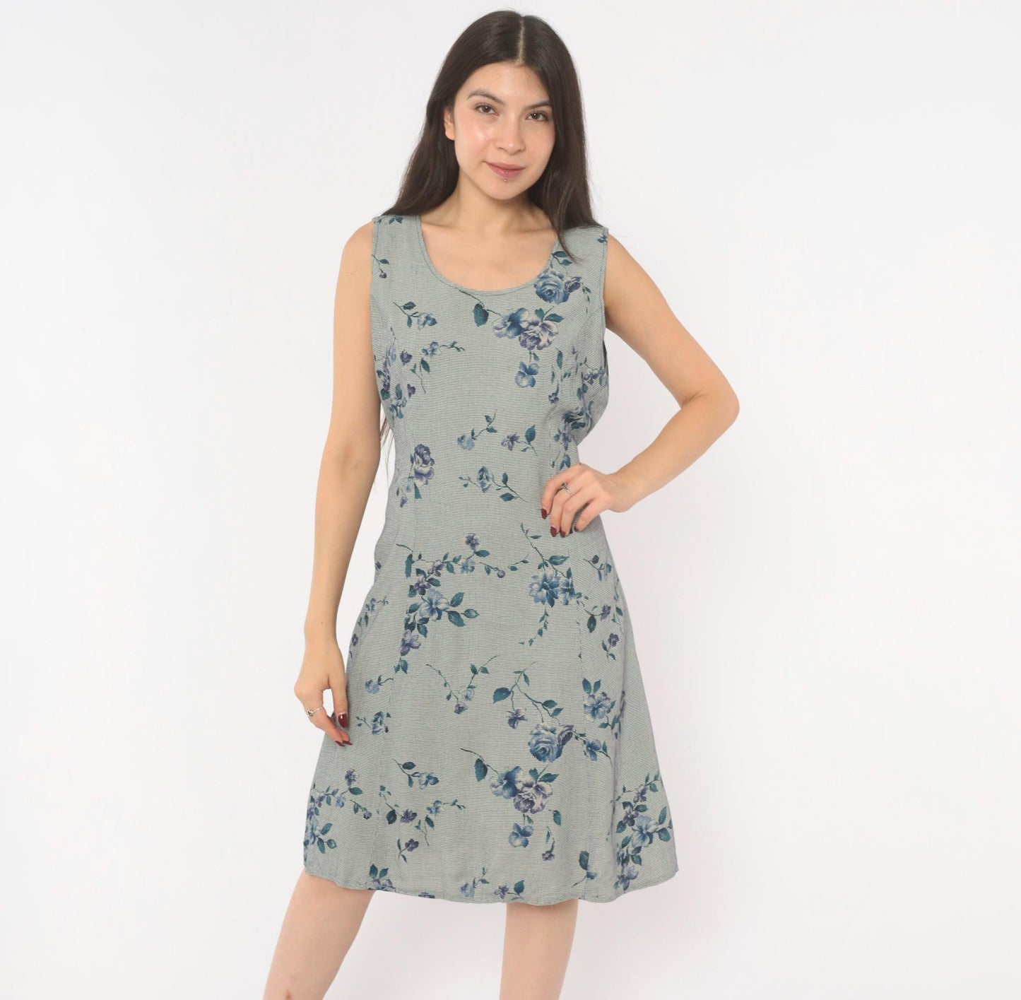 90s Floral Gingham Sundress Blue Rose Print Knee Length A-Line Medium M