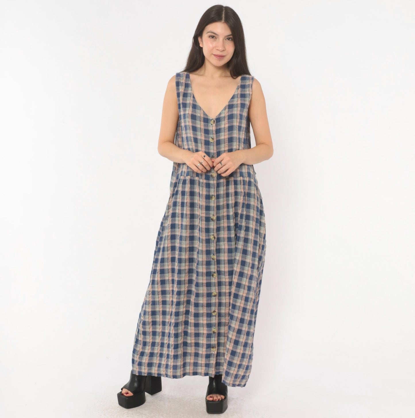 90s Lauren Brooke Plus Plaid Maxi Dress Button Front Cotton Blue Pink 1X