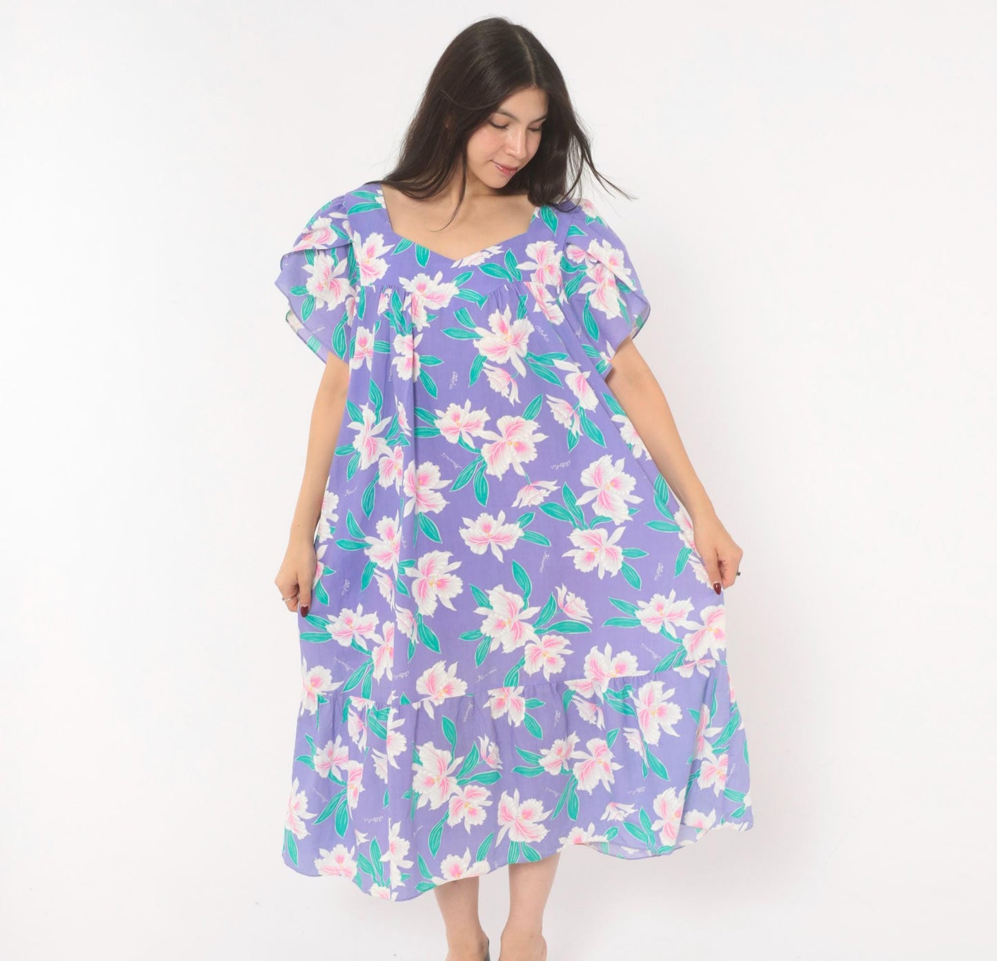 80s Jade Fashions Hawaiian Muumuu Dress Purple Orchid Floral Plus Size XXL