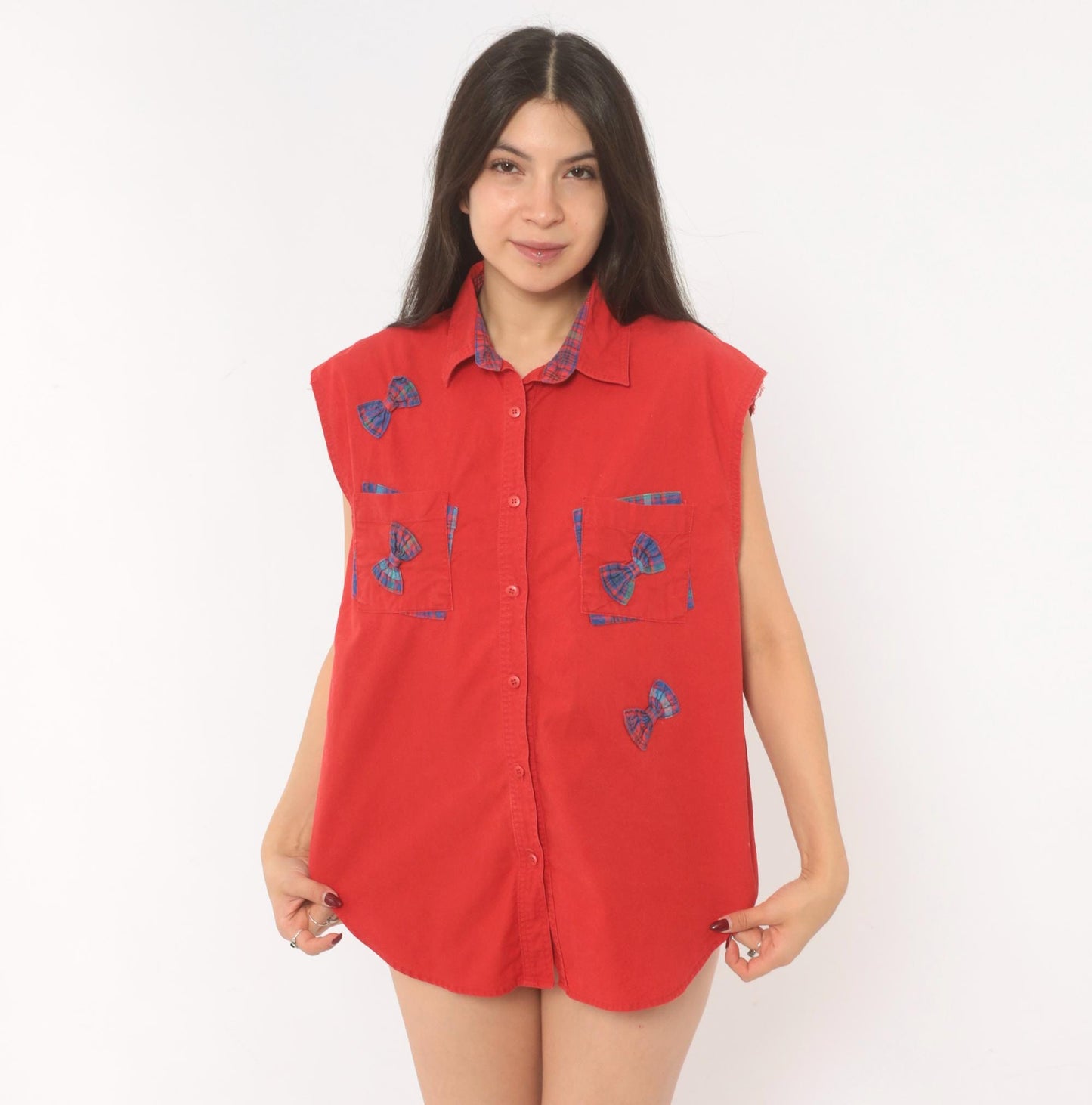 90s Cricket by the Creek Red Plaid Bow Applique Sleeveless Blouse Large L