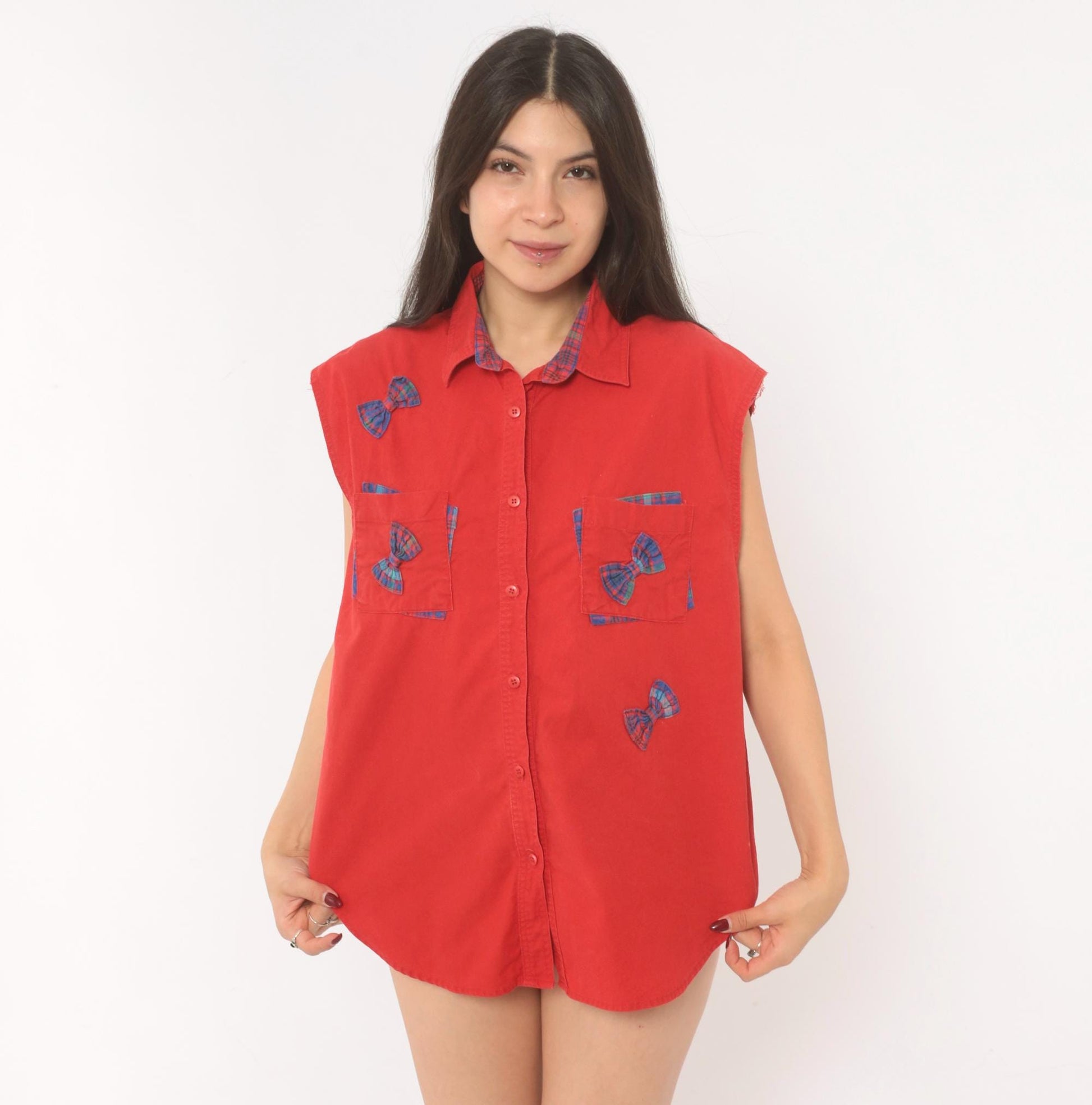 90s Cricket by the Creek Red Plaid Bow Applique Sleeveless Blouse Large L
