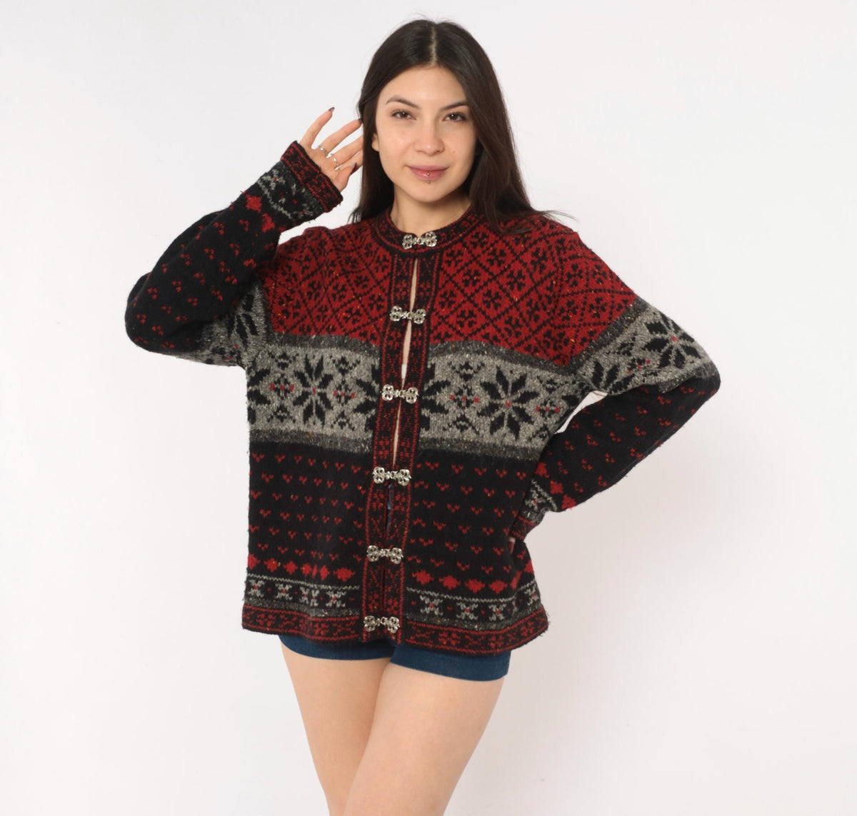 90s Croft & Barrow Nordic Cardigan Wool Blend Fair Isle Snowflake Black Grey Medium M