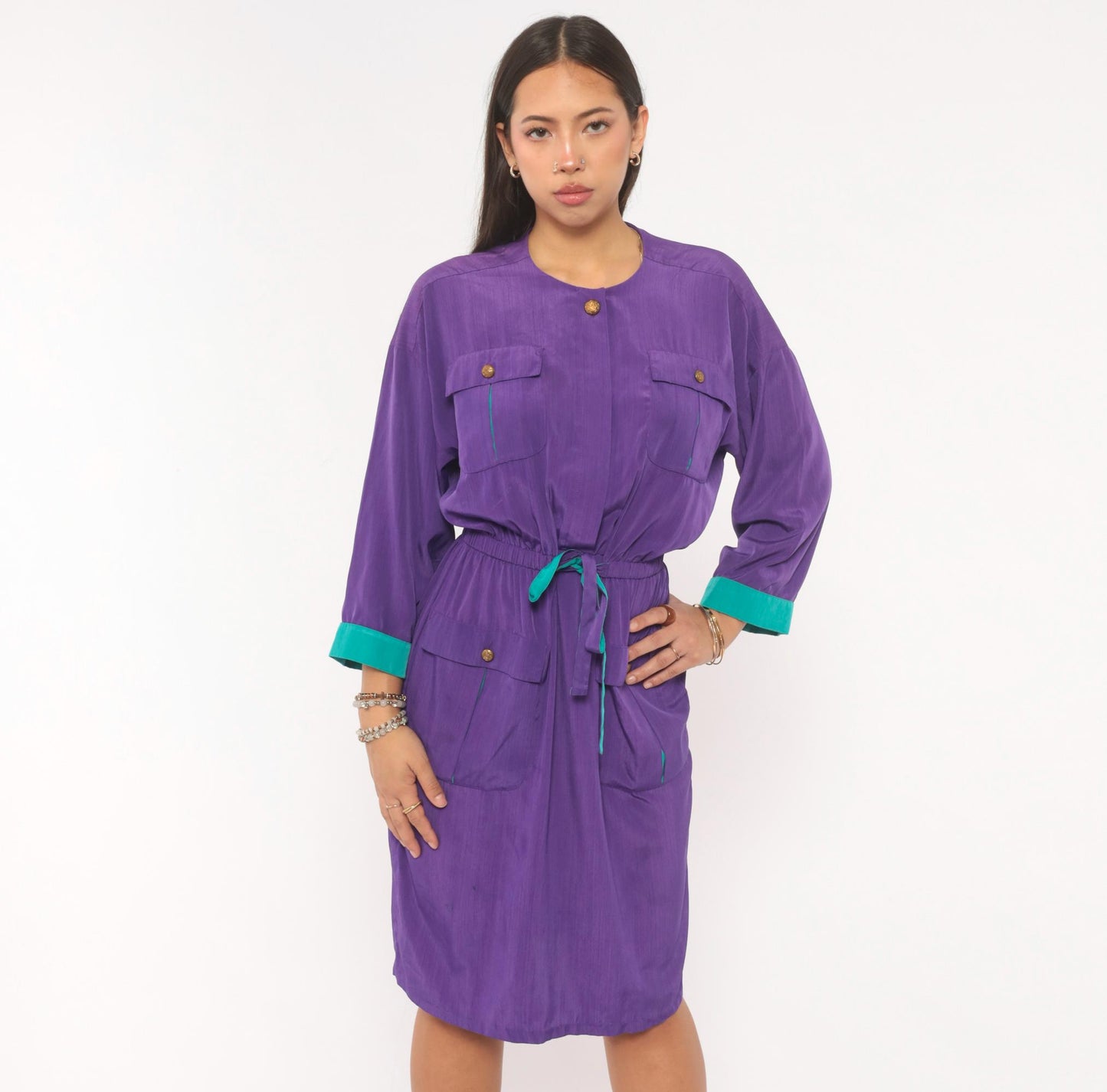 80s Leslie Fay Purple Safari Dress Knee-Length Utility Pockets Teal Trim Medium