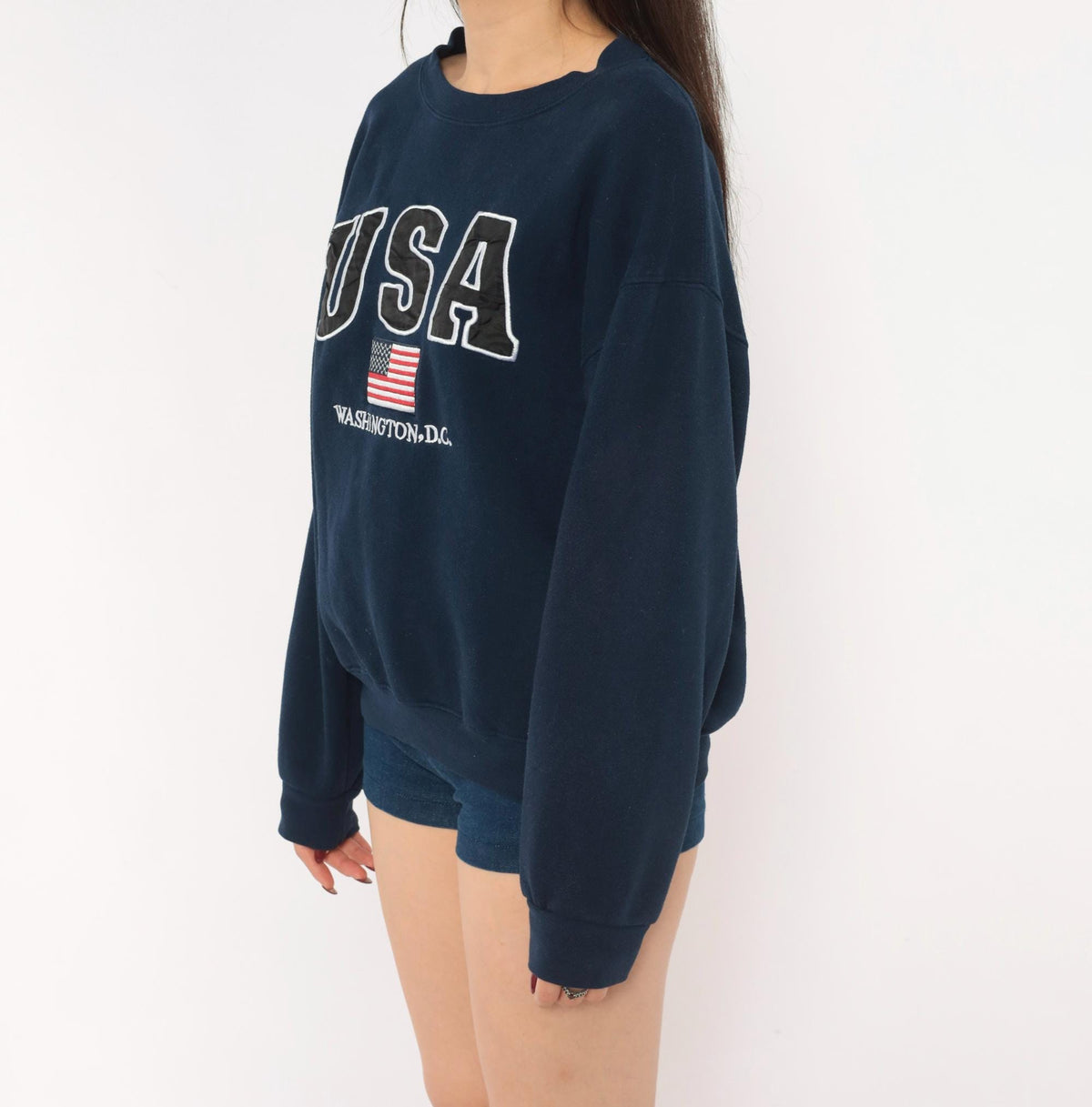 90s USA Washington DC Embroidered Navy Crewneck Sweatshirt American Flag Medium
