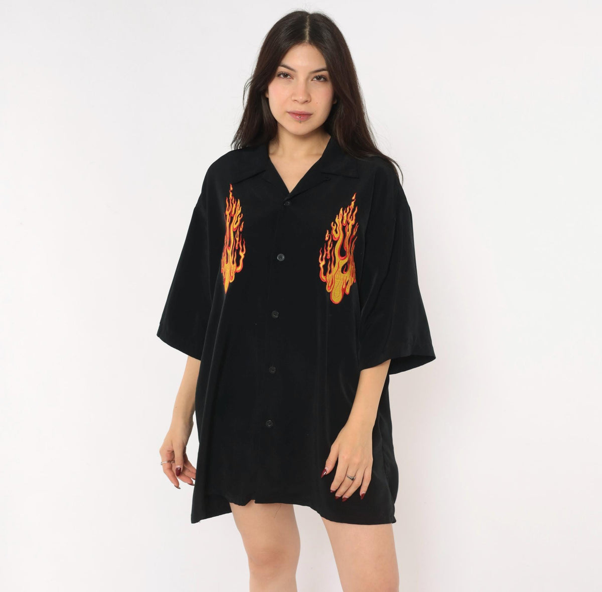 2000s Silver Point Black Bowling Shirt Flame Embroidered Camp Collar Extra Large XL