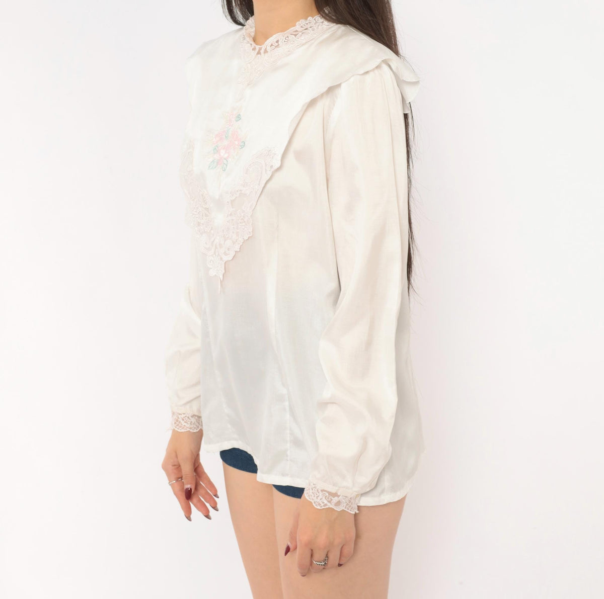 80s Nicola Embroidered Floral Lace Blouse High Neck Puff Sleeve Ivory Medium M