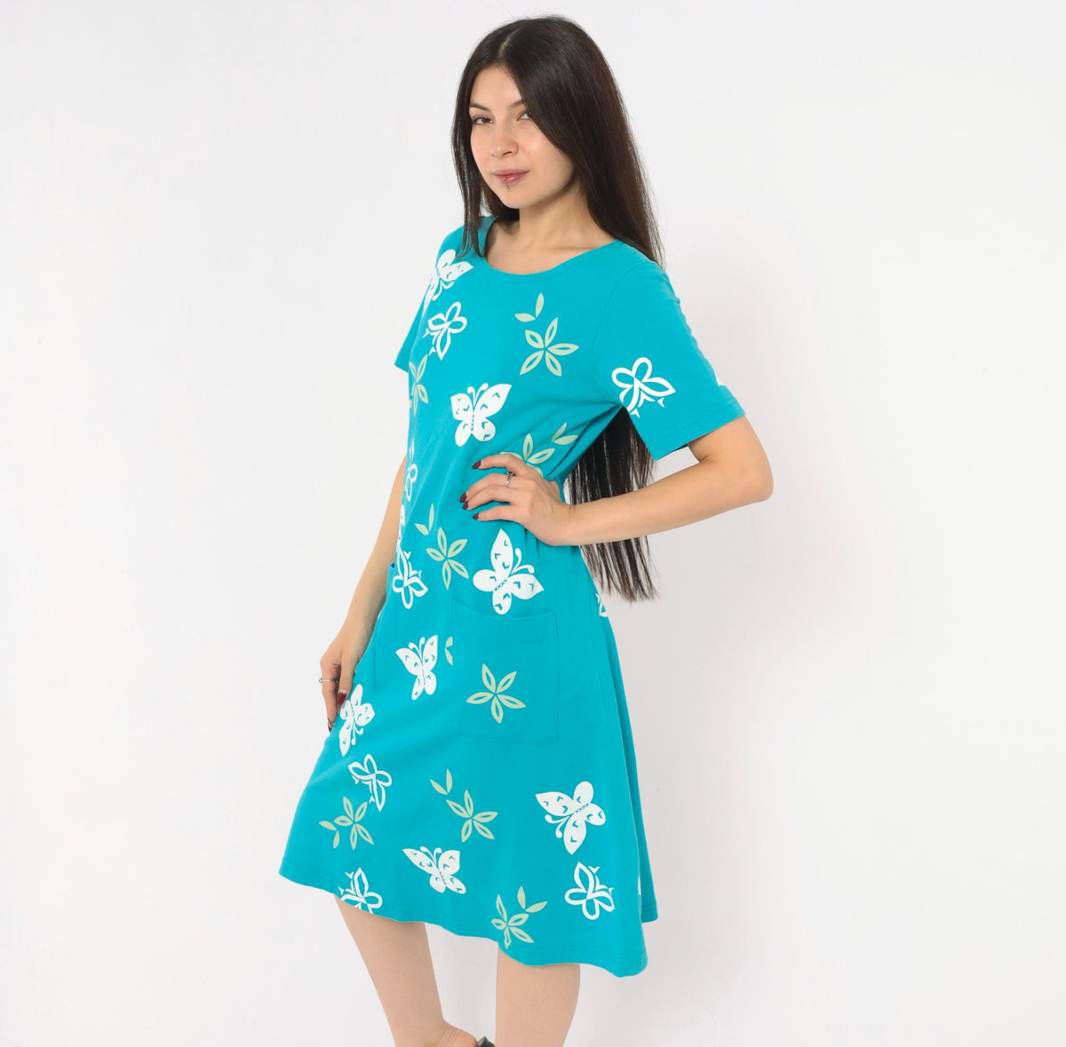90s M. Mac Butterfly Shift Dress Teal Cotton Knee-Length Pockets Small S
