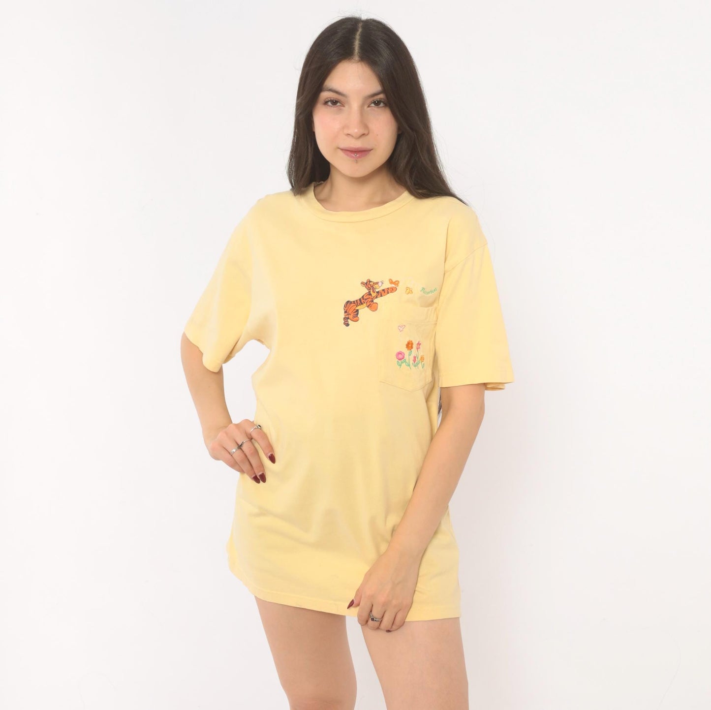90s Tigger Embroidered Tee Disney Store Yellow Cotton Pocket Medium M