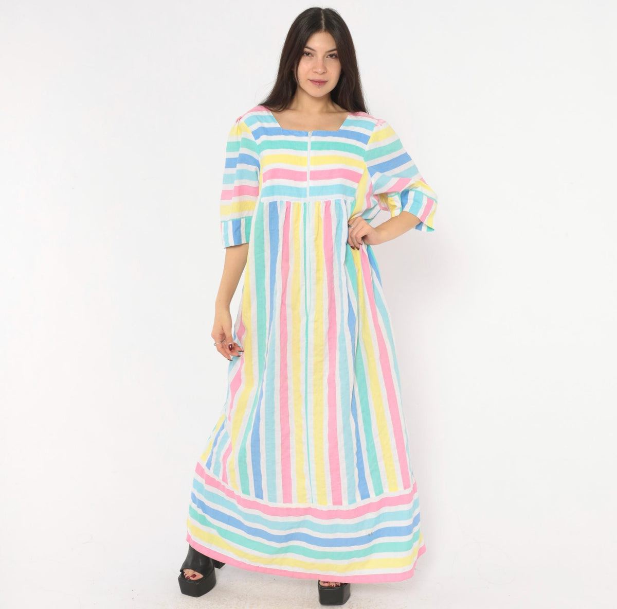 80s Saybury Pastel Striped Maxi Dress Square Neck Empire Waist Extra Large