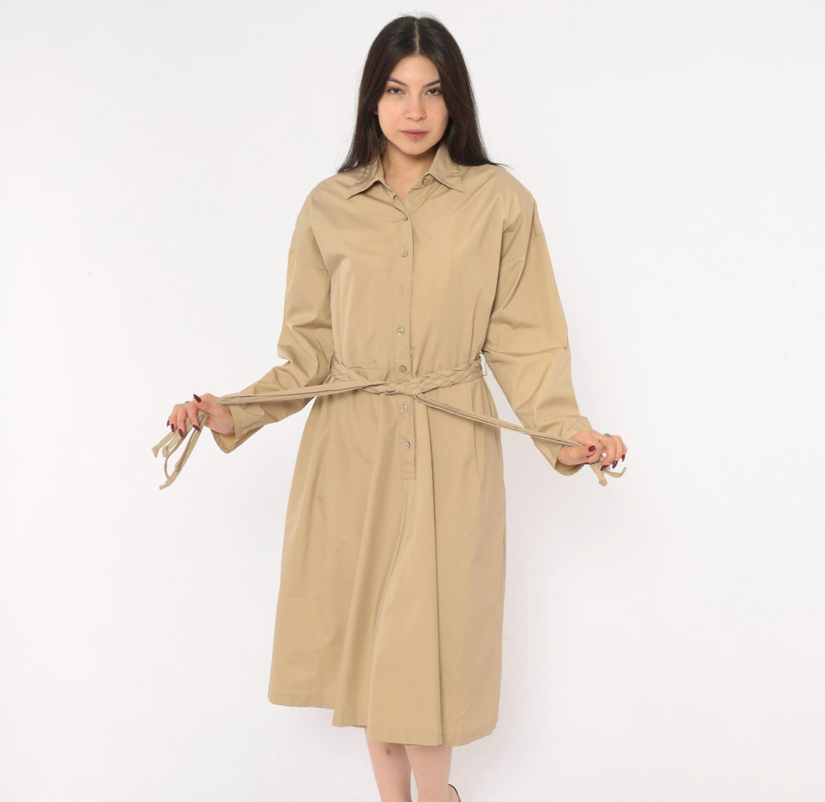 80s Tan Shirt Dress Braided Belt Pointed Collar A-Line Knee Length Large