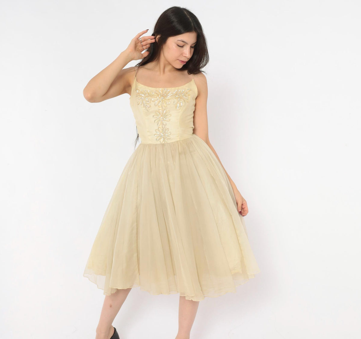 1950s Cream Sequin Floral Party Dress Full Skirt Chiffon Extra Small XS
