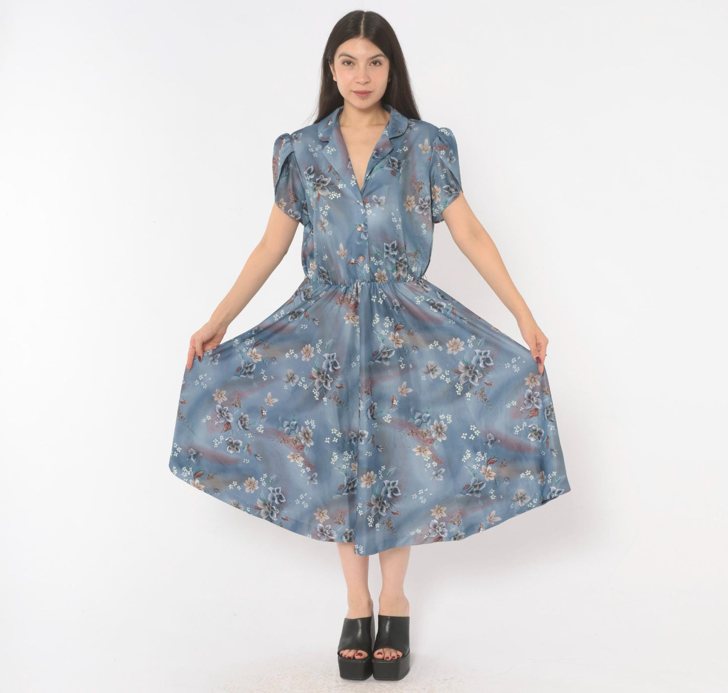 70s Slate Blue Floral Midi Shirtdress Puff Sleeve Notched Collar Large