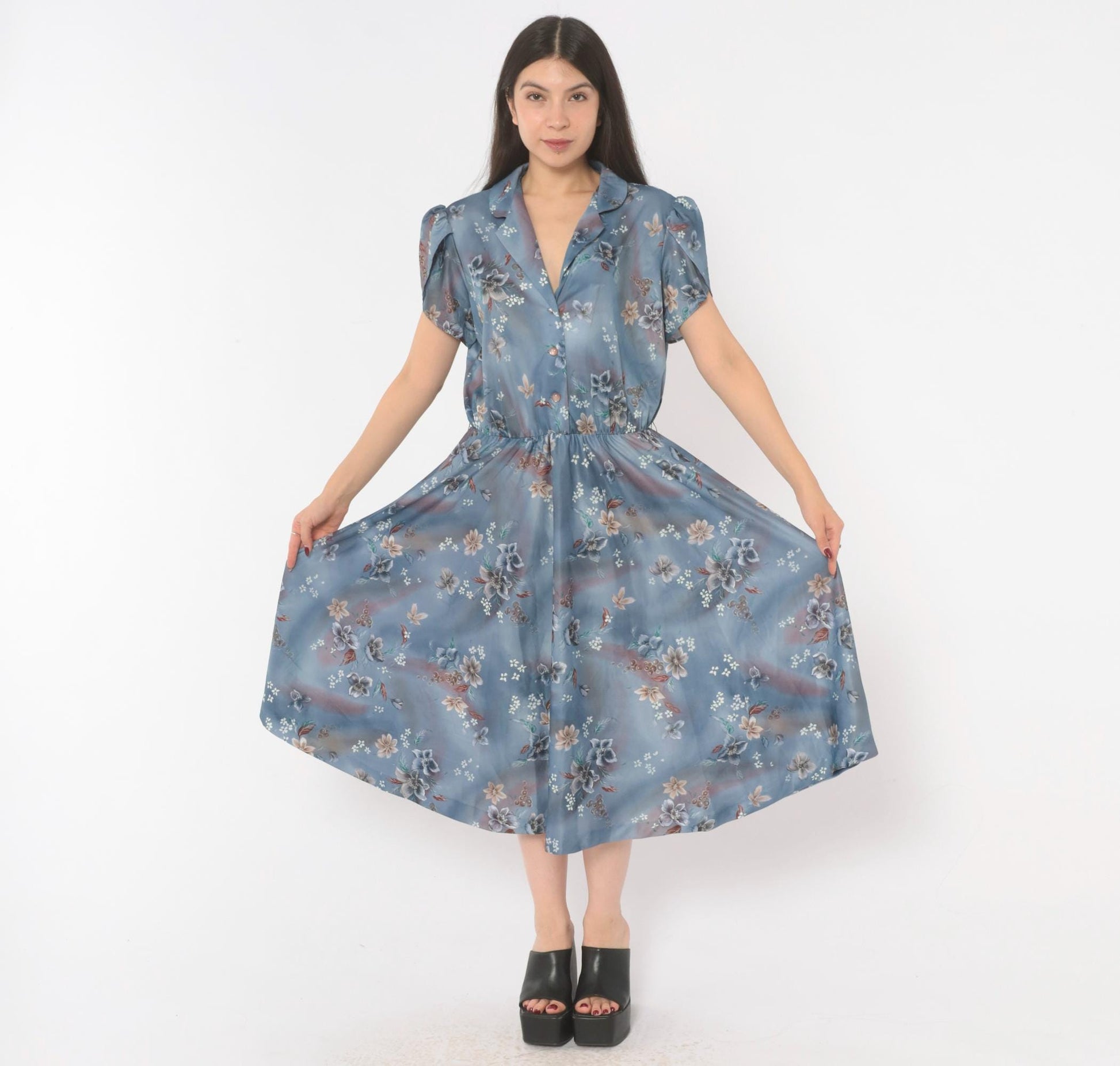 70s Slate Blue Floral Midi Shirtdress Puff Sleeve Notched Collar Large