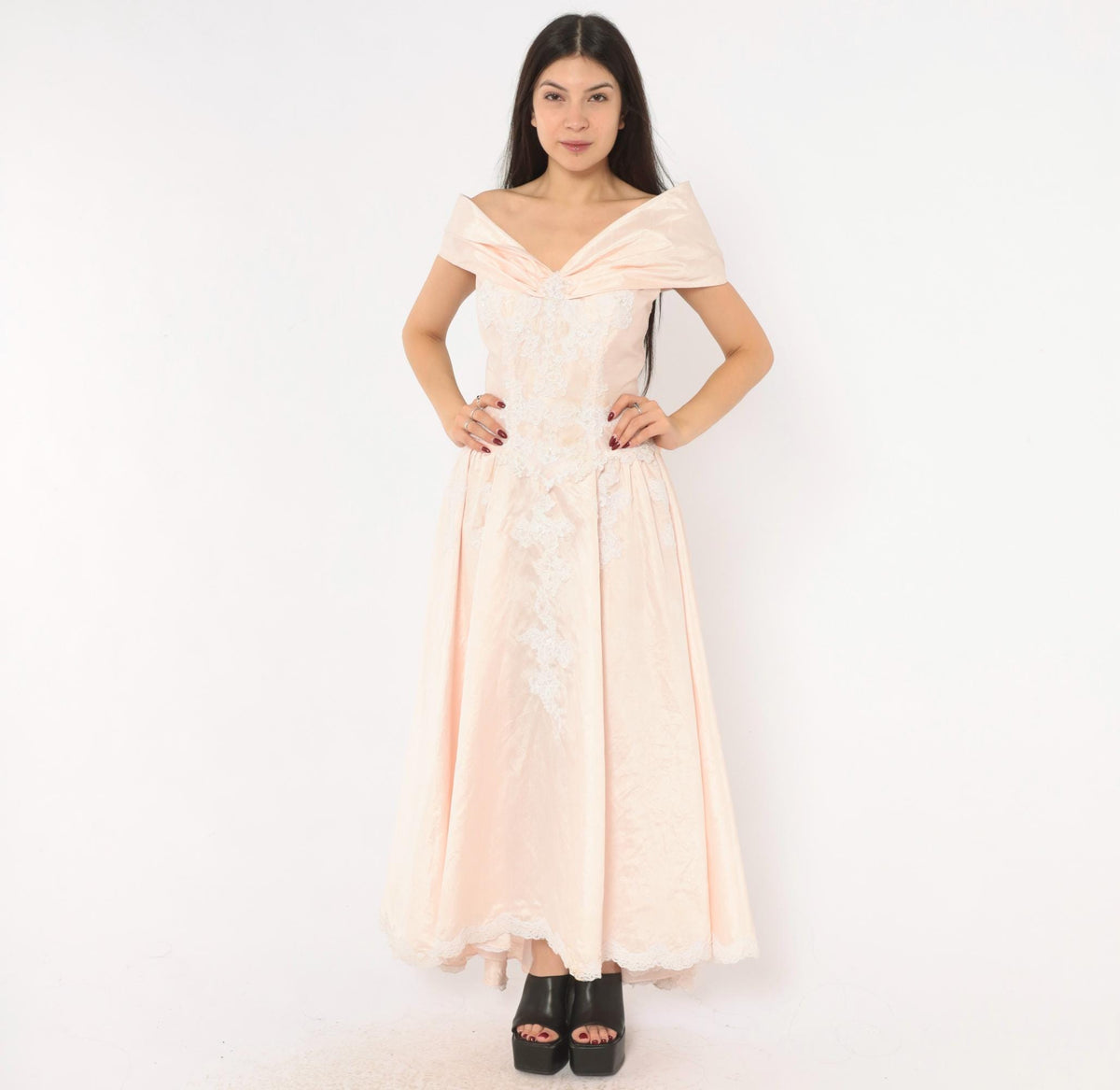 80s Eden Bridal Blush Pink Maxi Gown Off-Shoulder Sweetheart Bow Back Medium