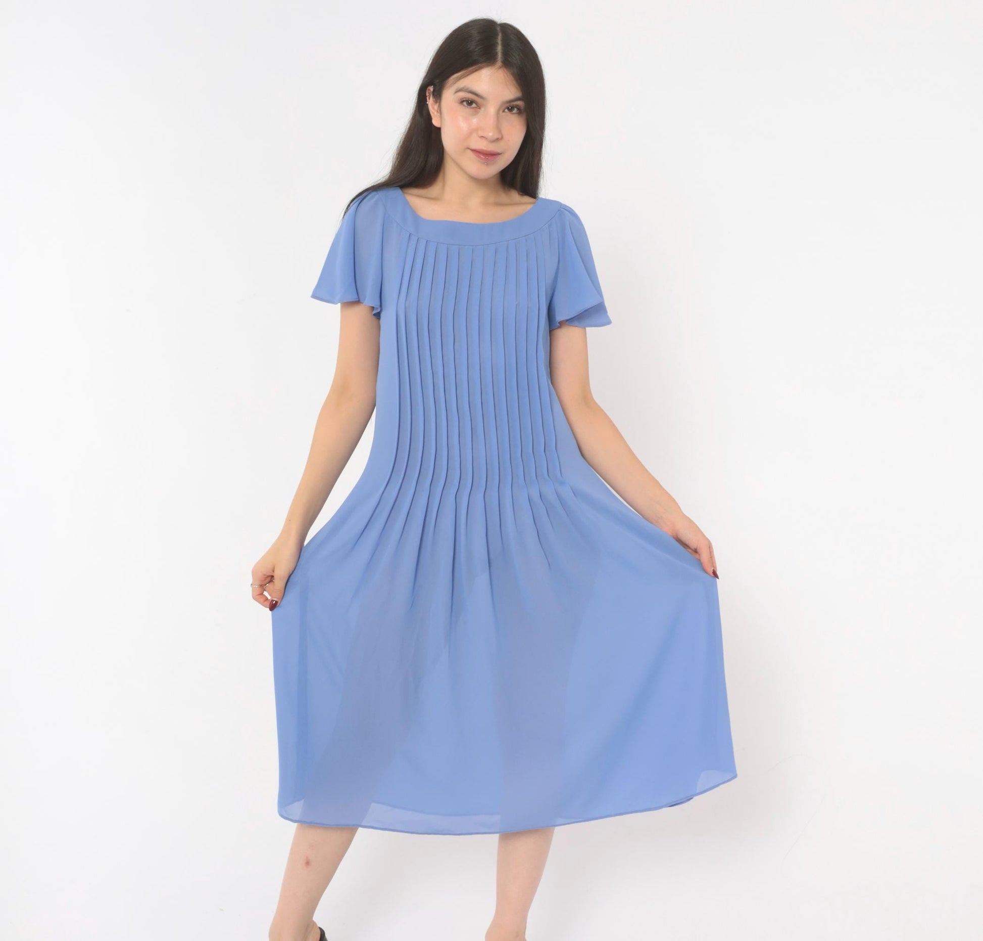 80s David Morris Periwinkle Pintuck Midi Dress Flutter Sleeve Small