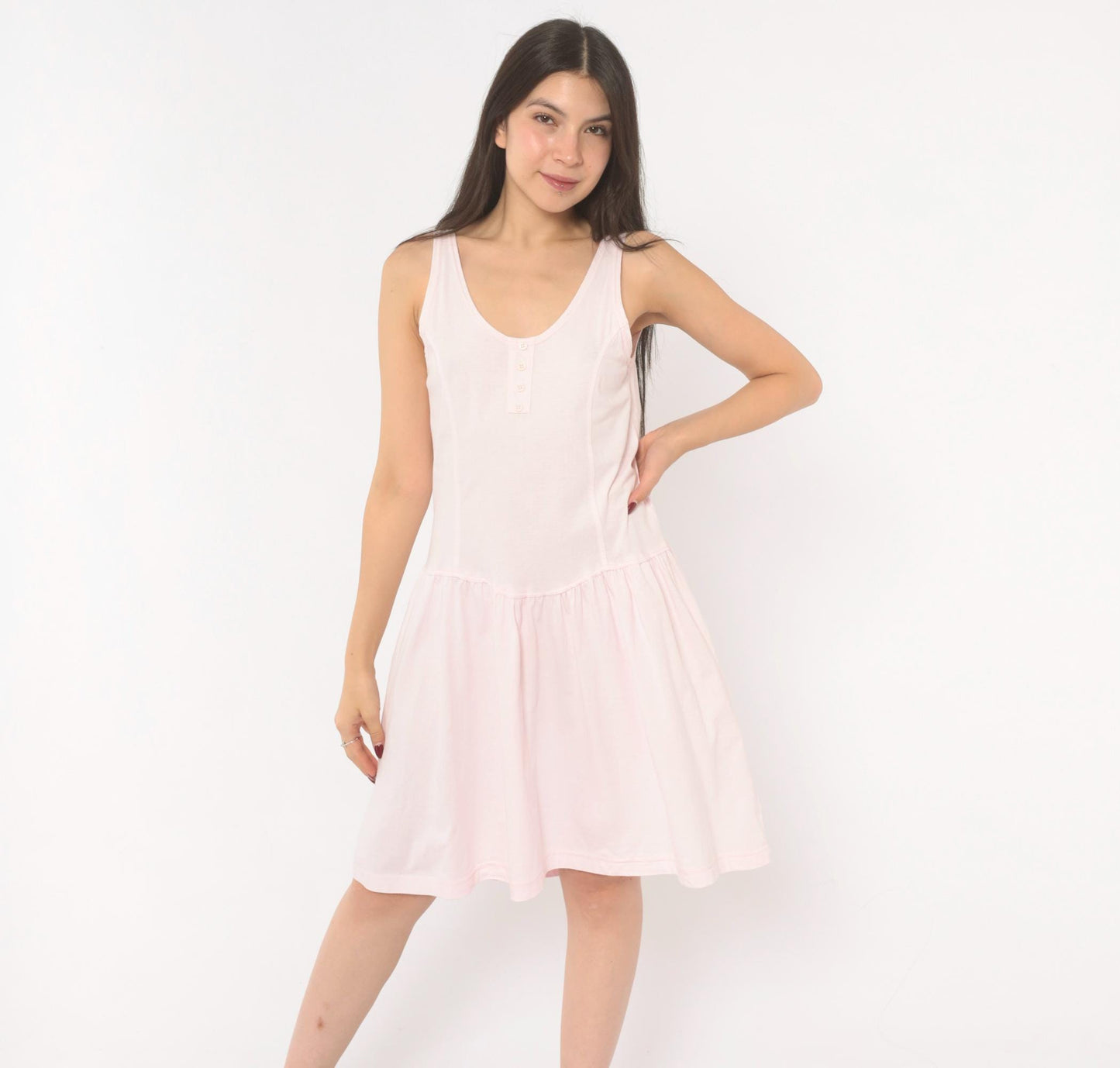 90s Cest Joti Blush Cotton Sundress Drop Waist Henley Neckline Small