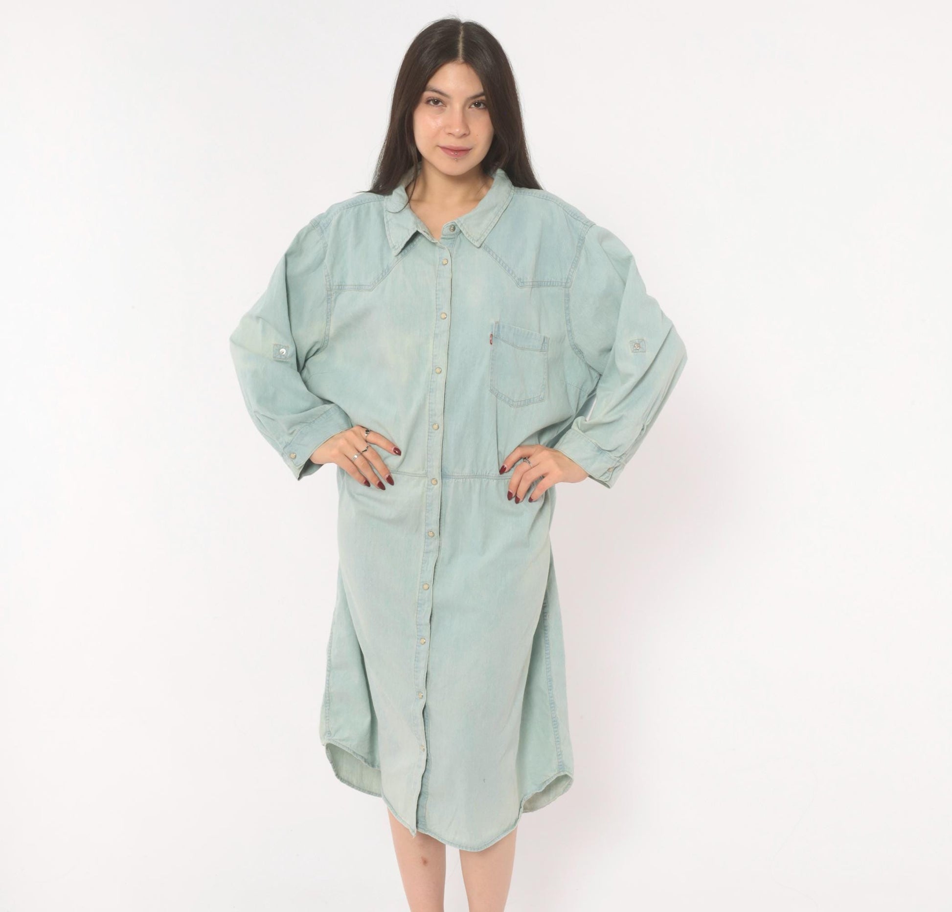 00s Levis Light Wash Denim Shirt Dress Western Yoke Midi Cotton Plus Size 3XL