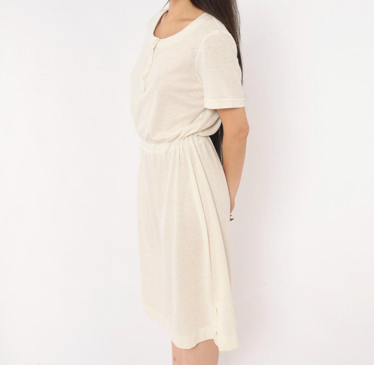 70s Cream Henley Dress Button Front A-Line Knee Length Short Sleeve Small Medium