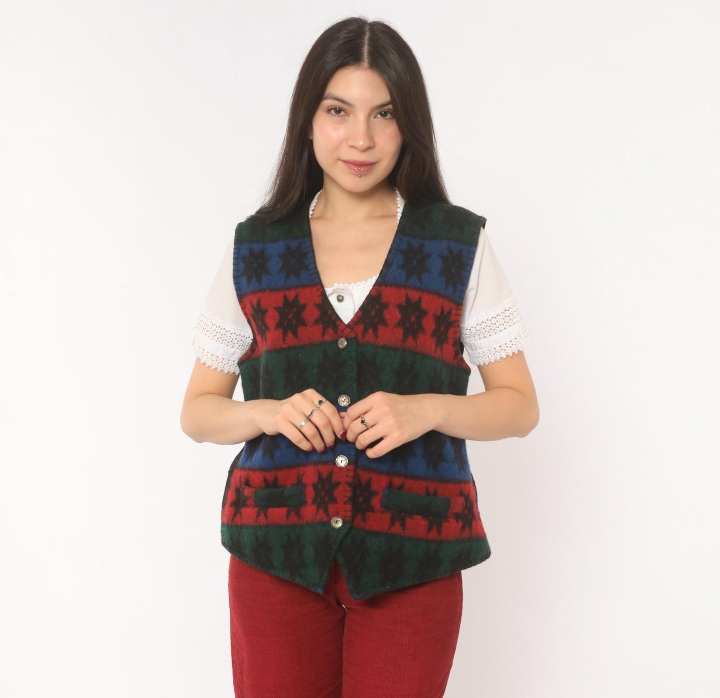 90s Erika Wool Vest Star Pattern Striped Navy Burgundy Forest Green Medium M