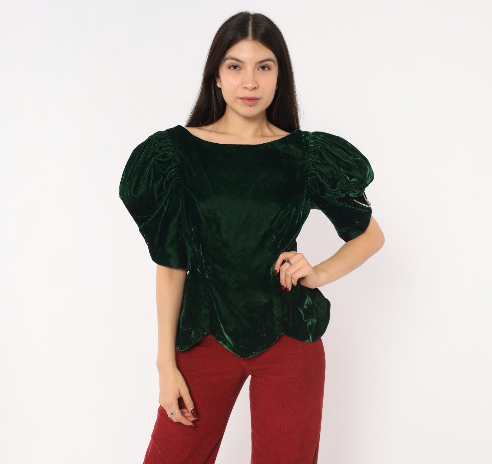 80s Emerald Velvet Puff Sleeve Blouse Forest Green Bow Back Rhinestone Medium