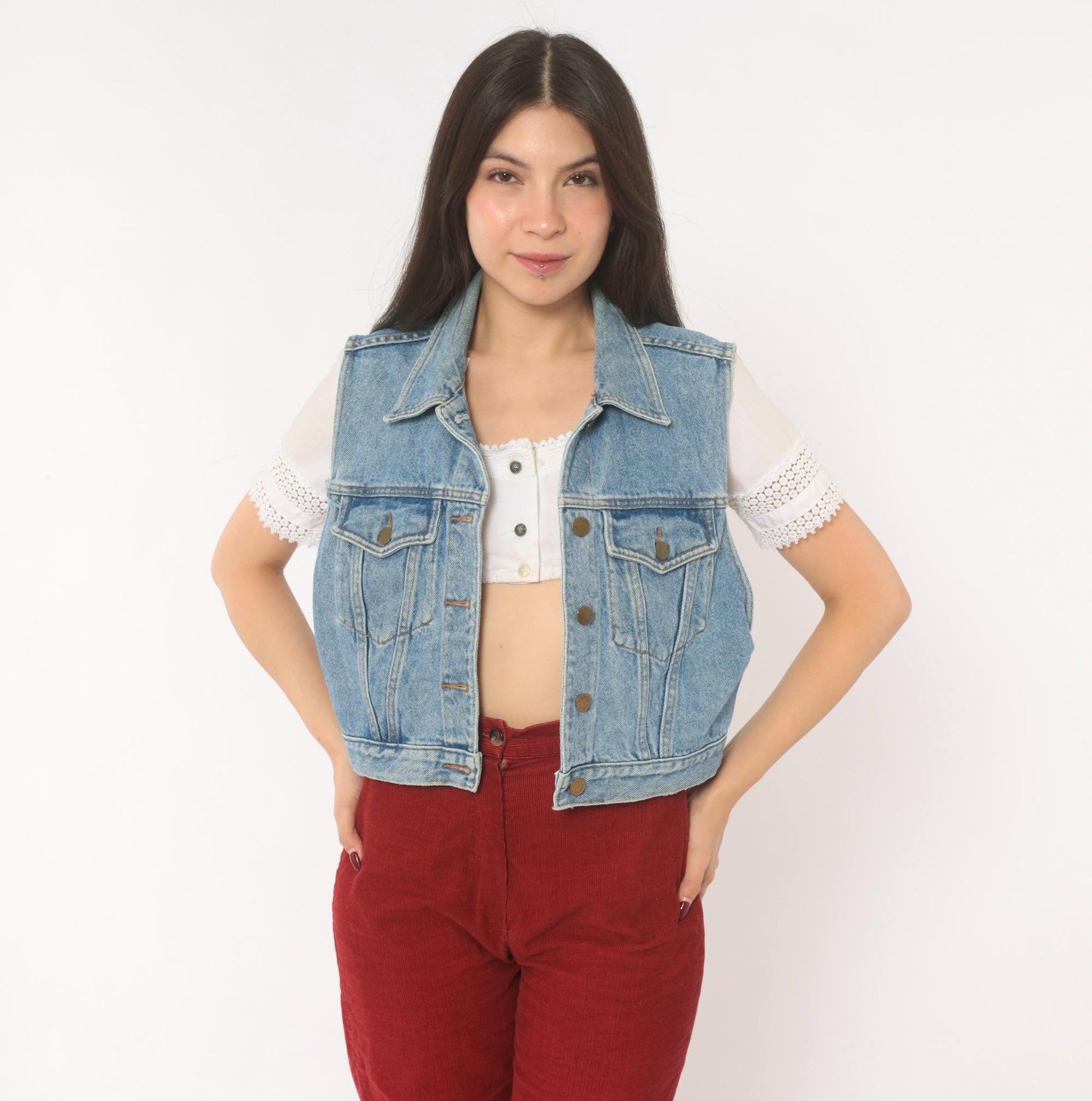 90s Karen Kane Light Blue Denim Vest Cropped Button Front Small S
