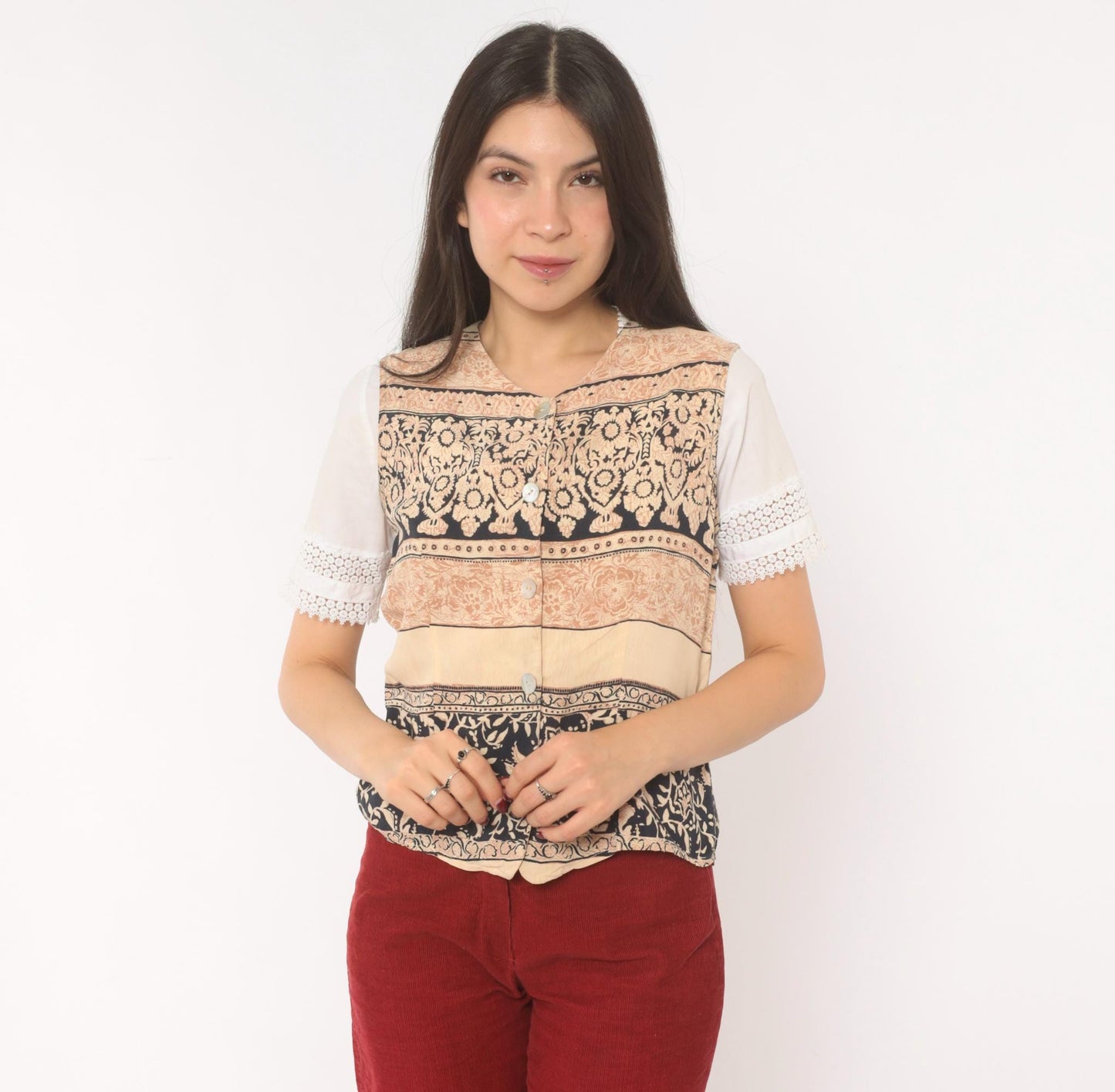90s L'Amadei Block Print Vest Cream Navy Floral Damask Small S