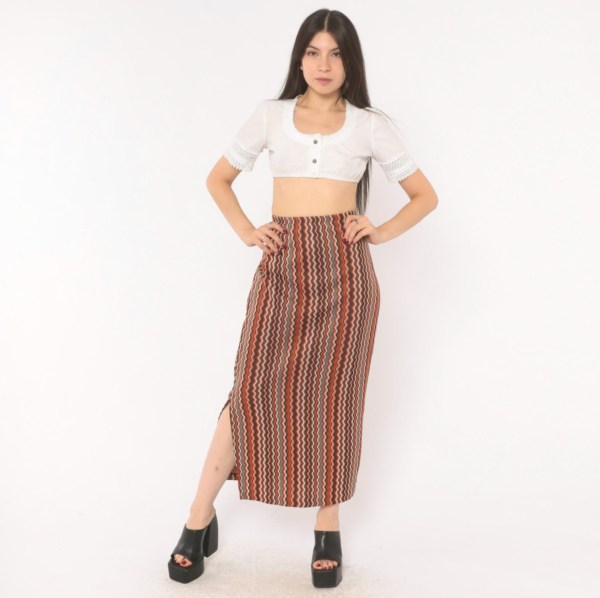 70s Orange Brown Zigzag Knit Maxi Skirt Chevron Stripe Elastic Waist Large
